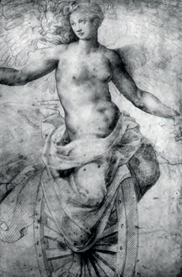 Drawing of winged and half naked woman sitting on a wheel