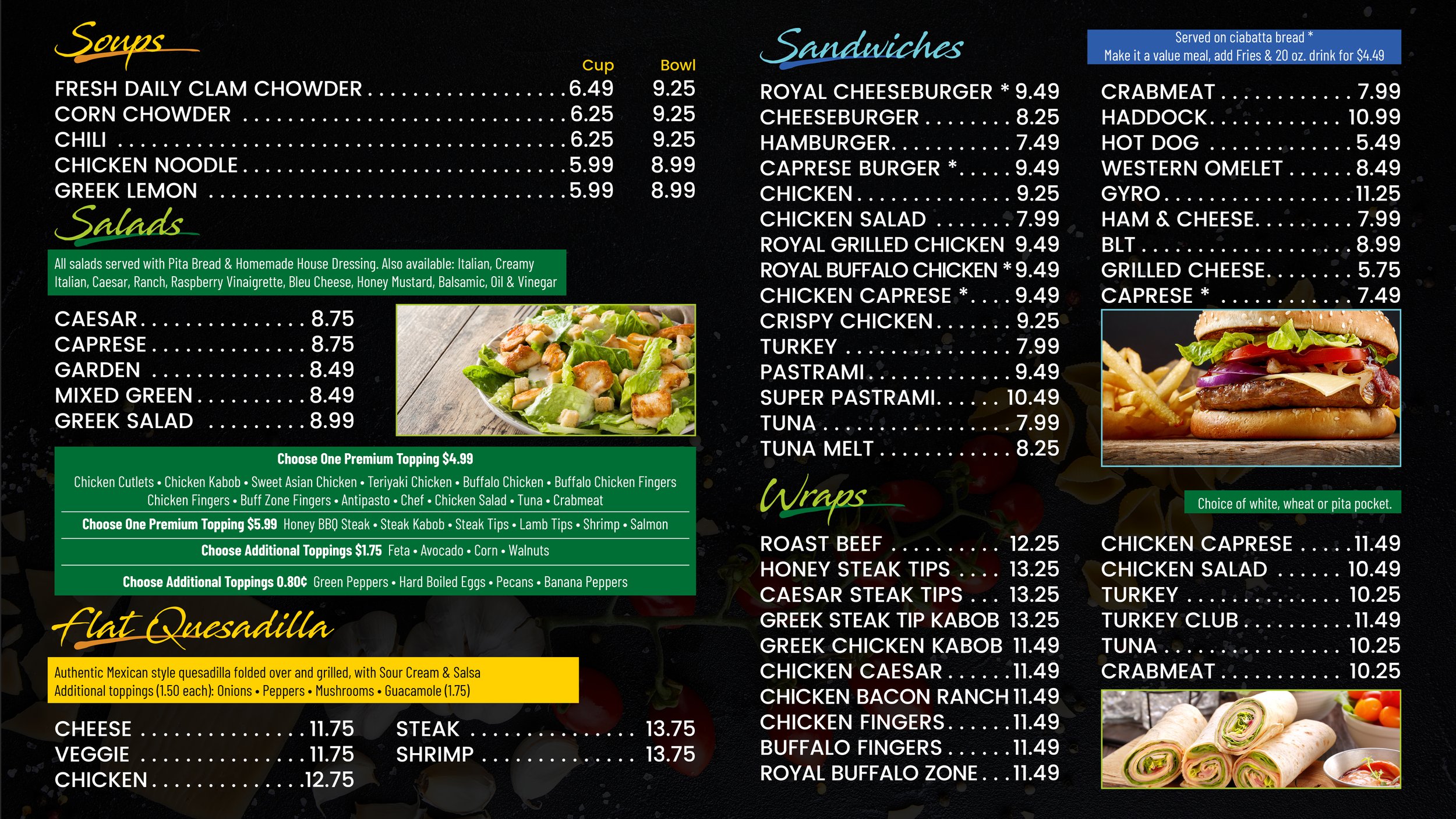 Salads, Soups, Wraps, Sandwiches, Quesadillas