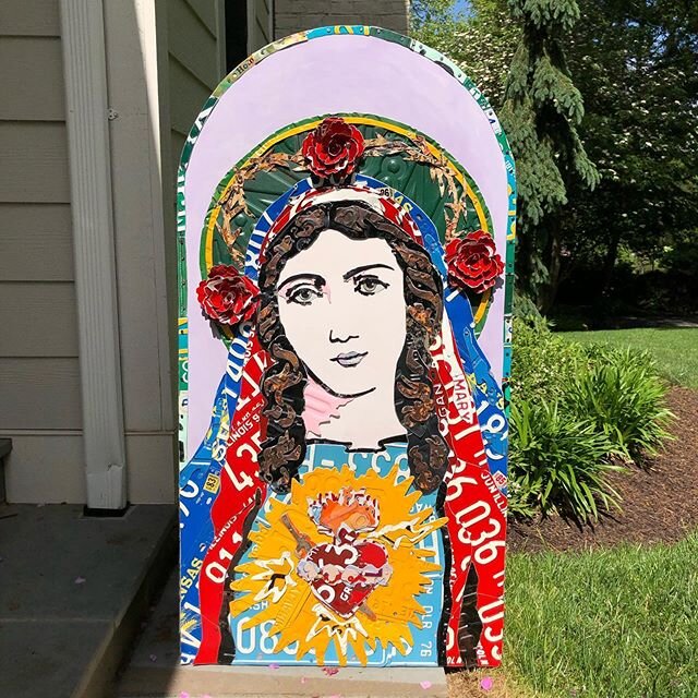 My version of the Immaculate Heart of Mary. This piece has the traditional symbols to represent Mary. Her heart is on fire, which shows her intense love for God and for humanity, and a sword is shown pierced through her heart to represent the sorrows