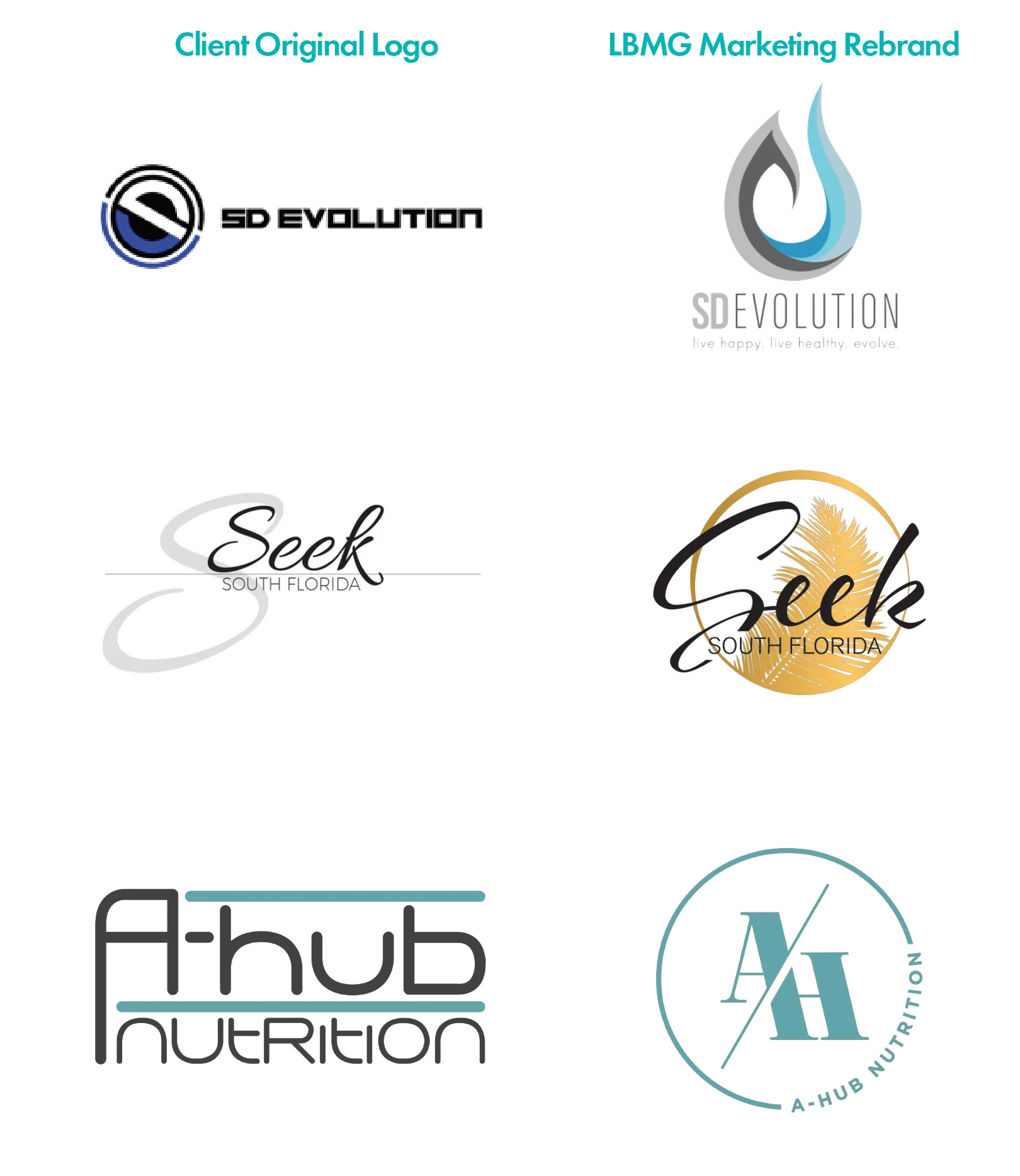 LBMG Marketing Client Rebrands | Top: SD Evolution, Middle: Seek South Florida, Bottom: A-Hub Nutrition