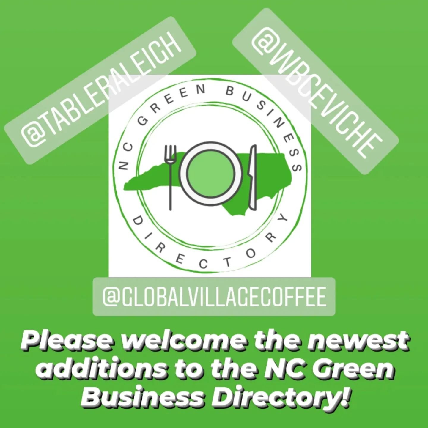 Welcome to the NC Green Business Directory ...
🟢 @wbceviche Ceviche's in Wrightsville Beach
🟢 @globalvillagecoffee Global Village Organic Coffee in Raleigh
🟢 @tableraleigh A Place at the Table in Raleigh

You or someone who loves you added you to 
