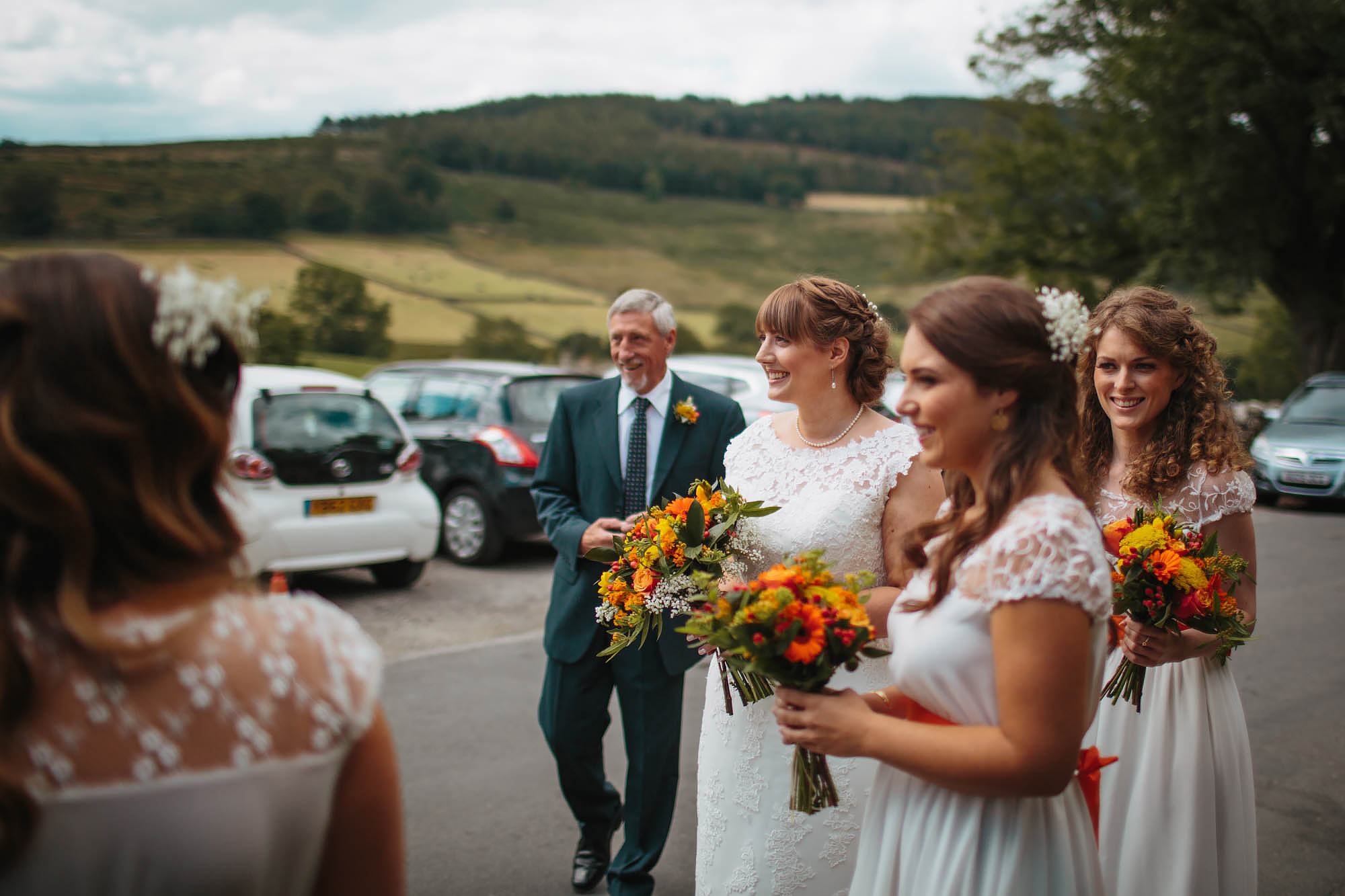 Bridal Party and dad waiting outside the wedding in Yorkshire