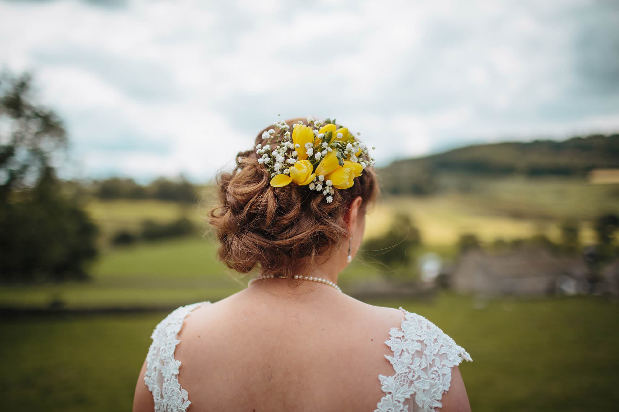 Bride and hair flowers in the Yorkshire Dales Appletreewick