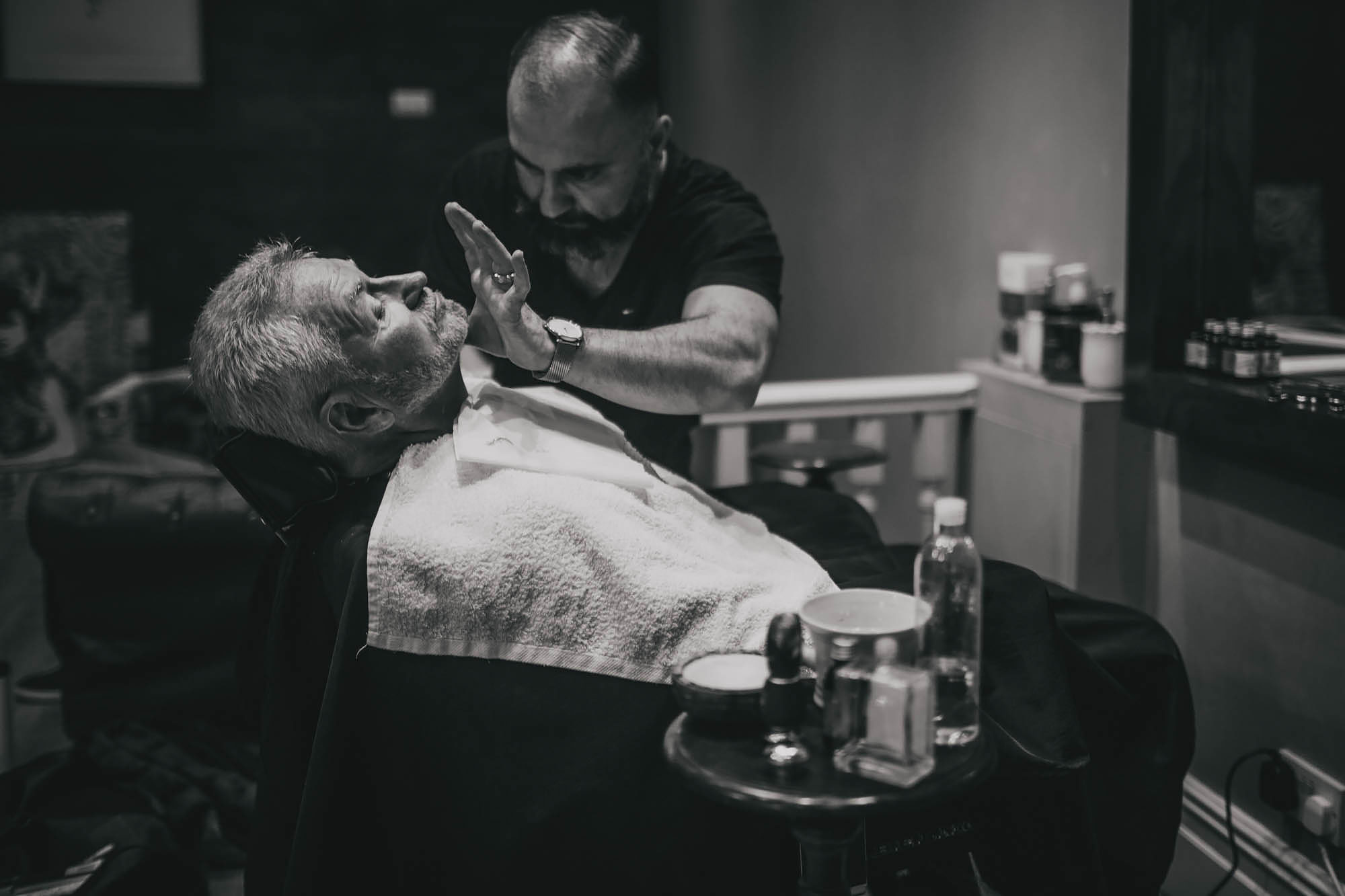 Grooms father has a wet shave in Leeds City Centre