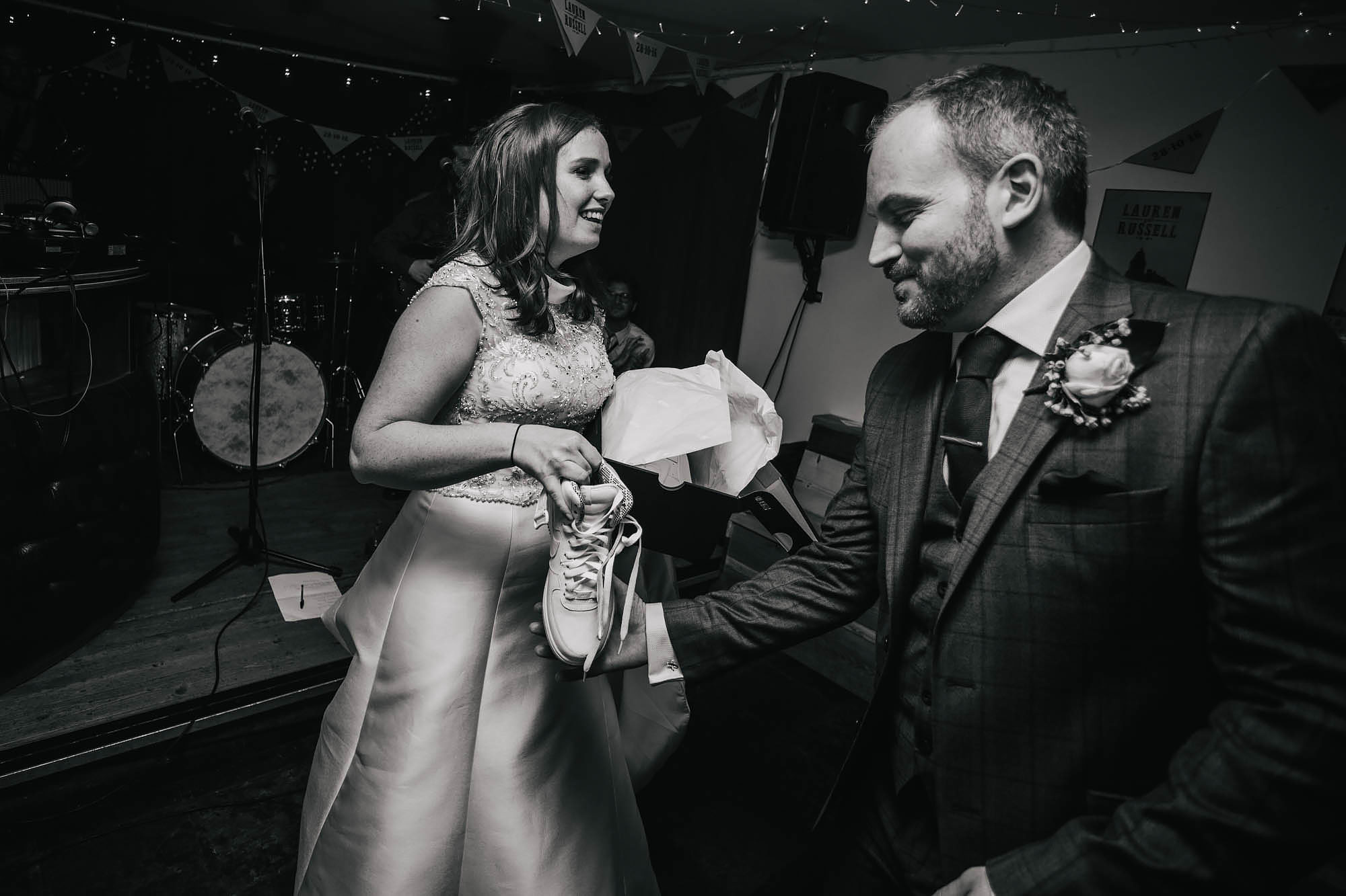 Bride with her new trainers at a wedding in Leeds City Centre