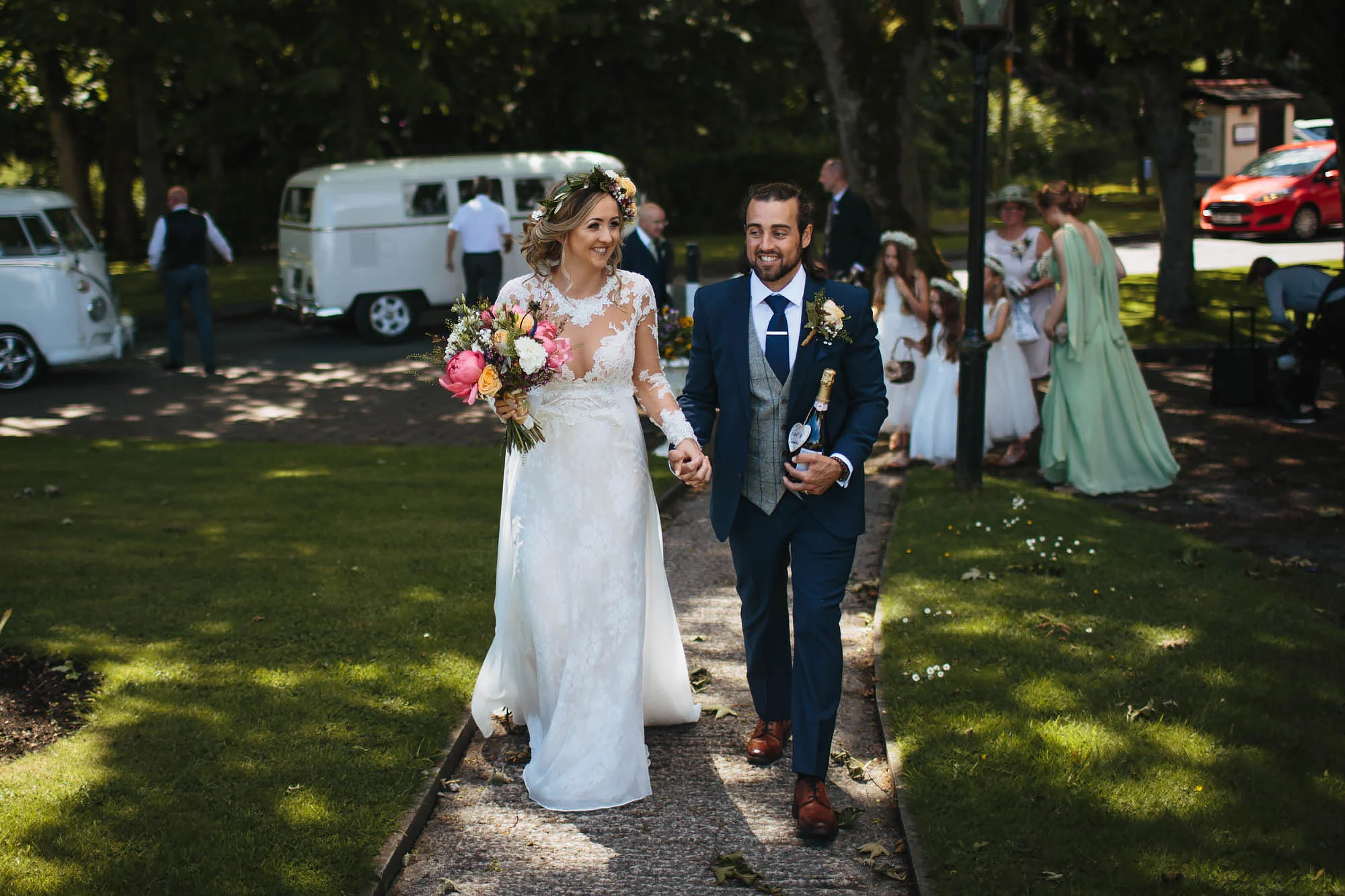 Bride and groom at the Bolholt Country Park at the wedding