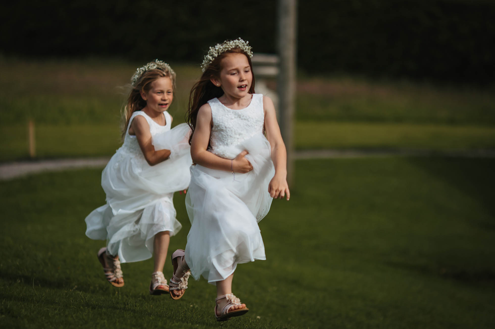 Bridesmaids running in the wedding dresses
