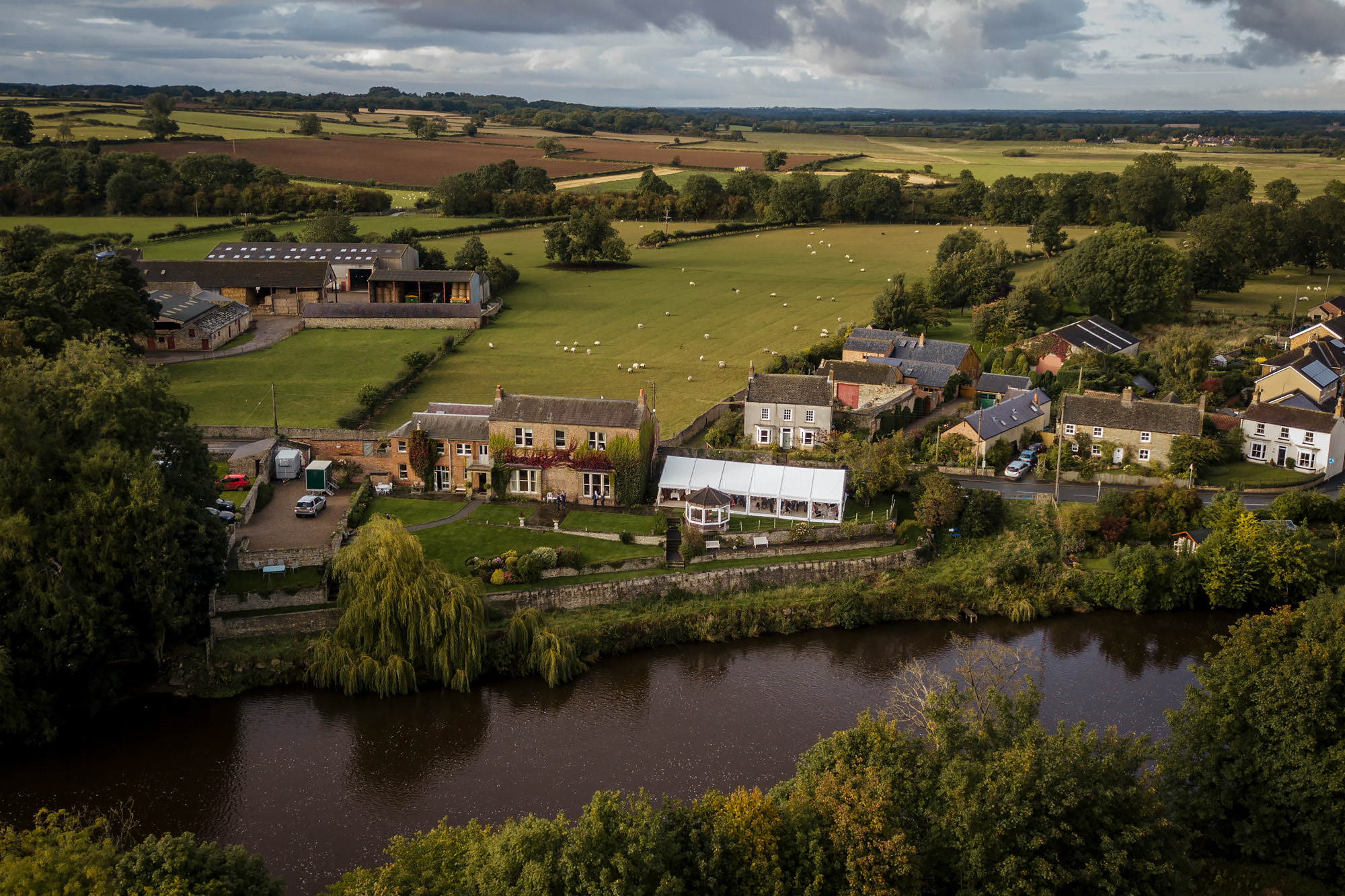 Aerial shot of Tanfield House and the surrounding fields in Yorkshire