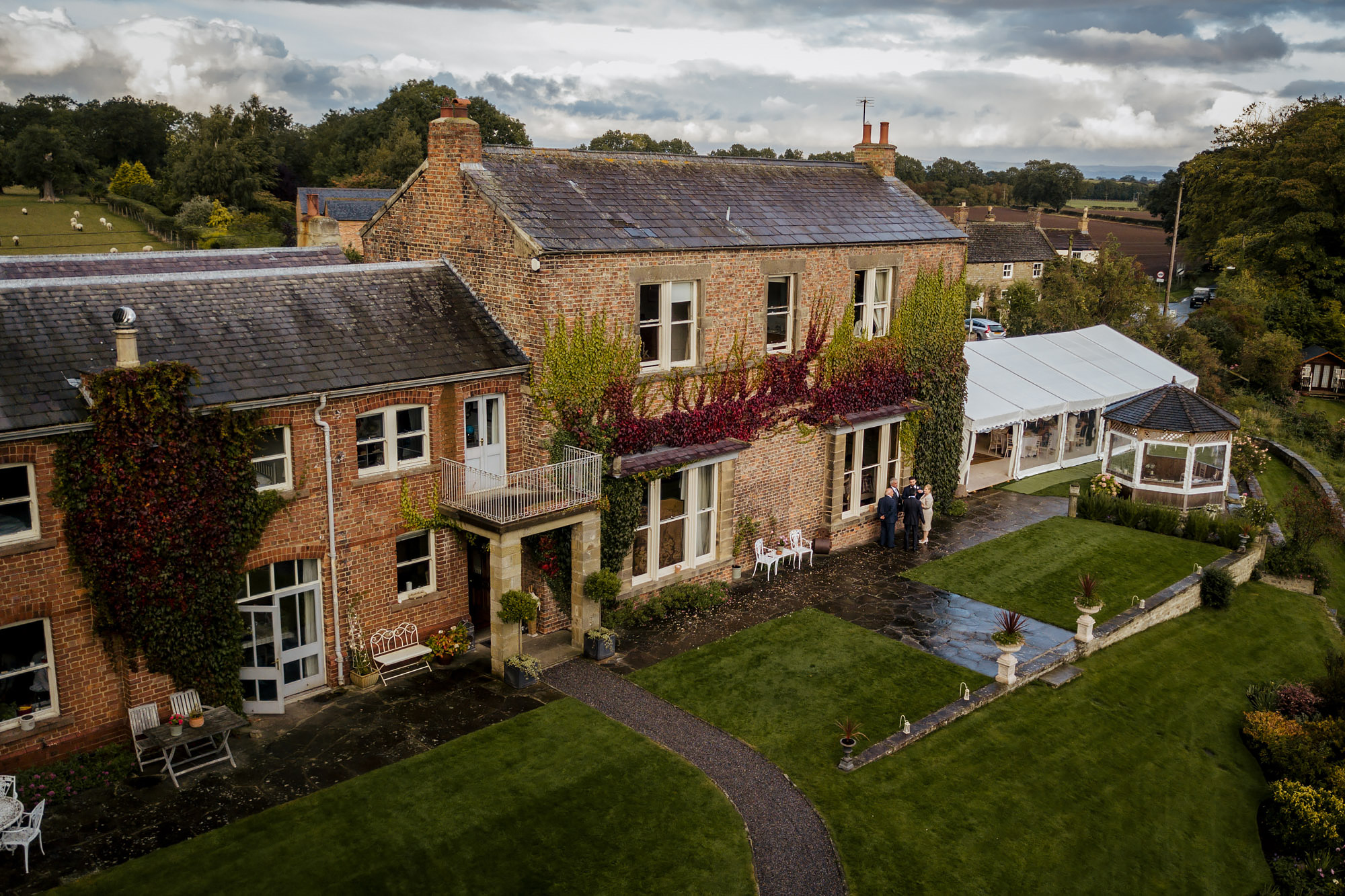 Aerial shot of Tanfield House and marquee in Yorkshire