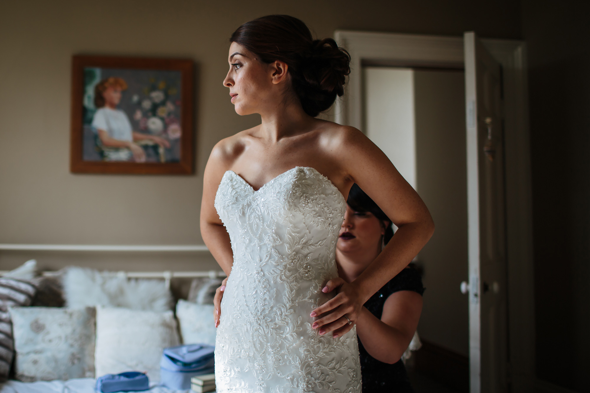 Bride having her dress put on at Tanfield House Ripon