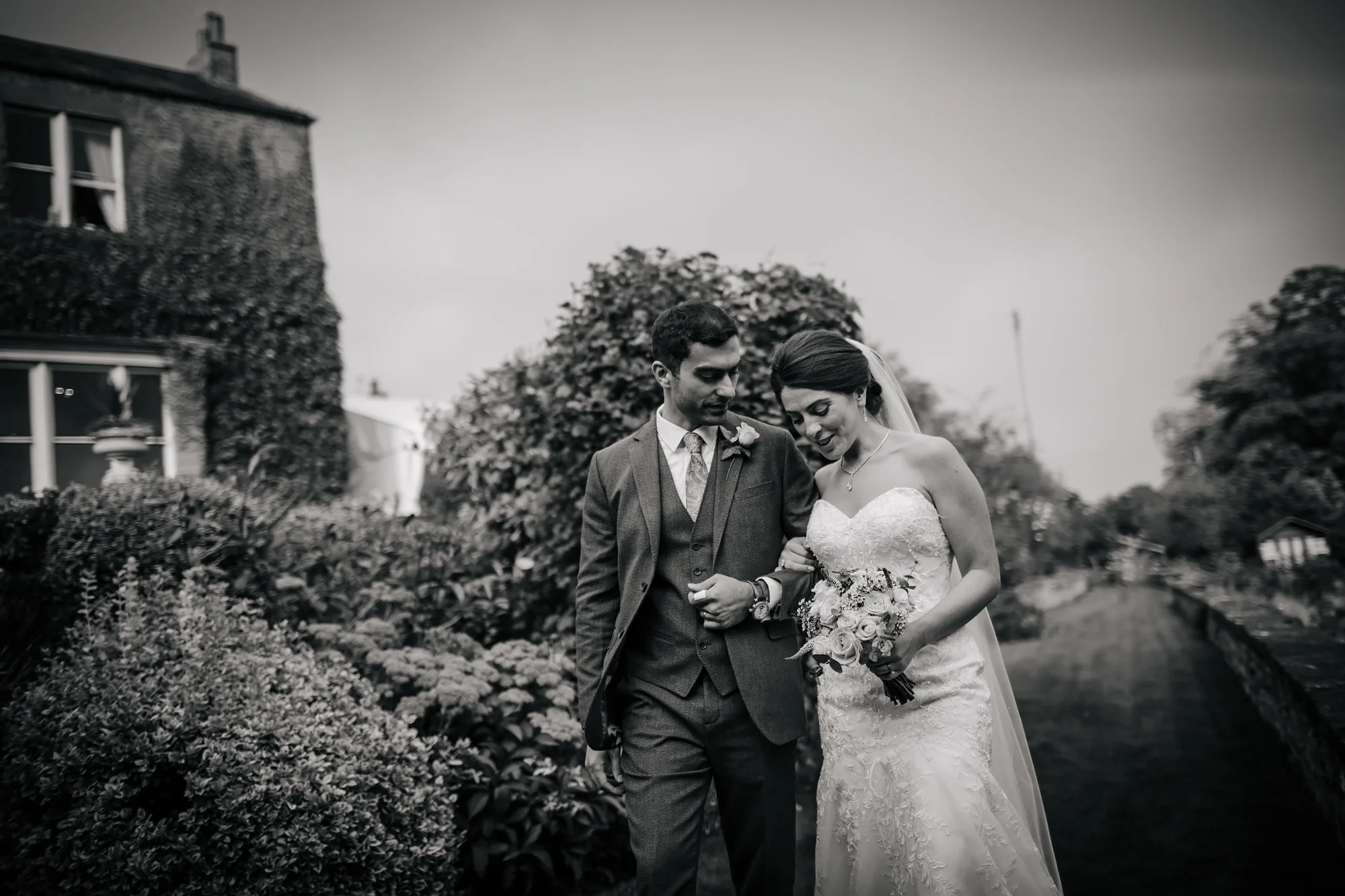 Black and white portrait of the bride and groom