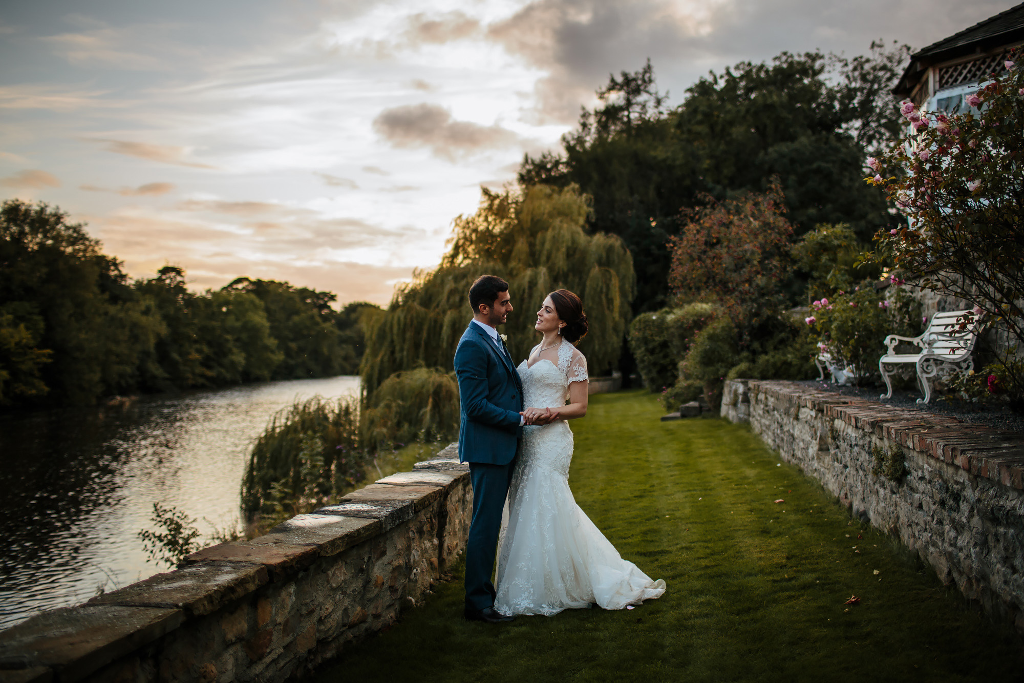 Sunset wedding portrait by a Yorkshire river