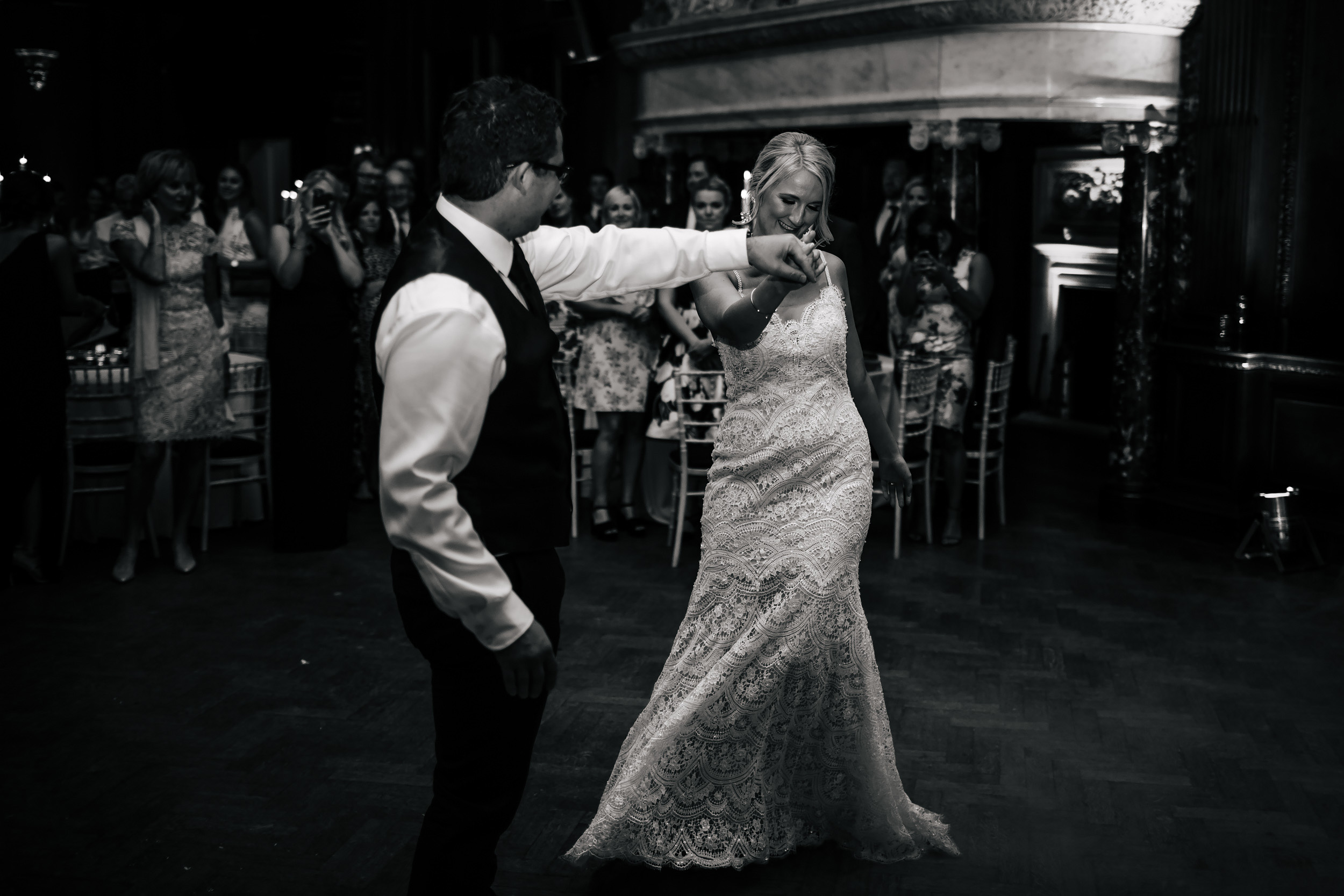 Bride and groom dancing at a Thornton Manor Cheshire wedding