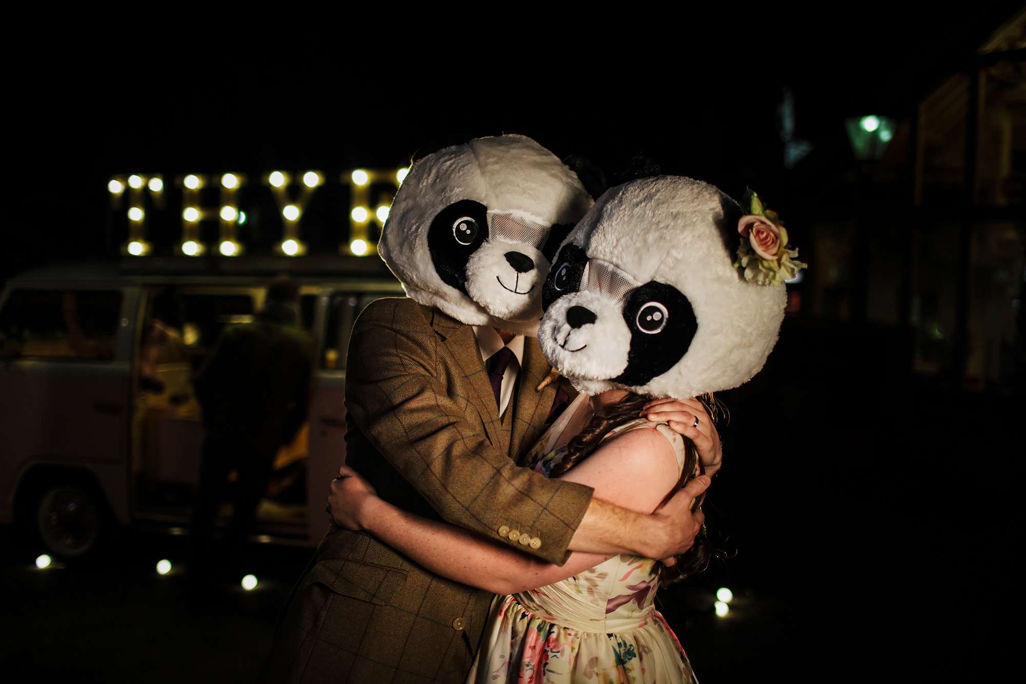 Bride and Groom with panda head in Yorkshire