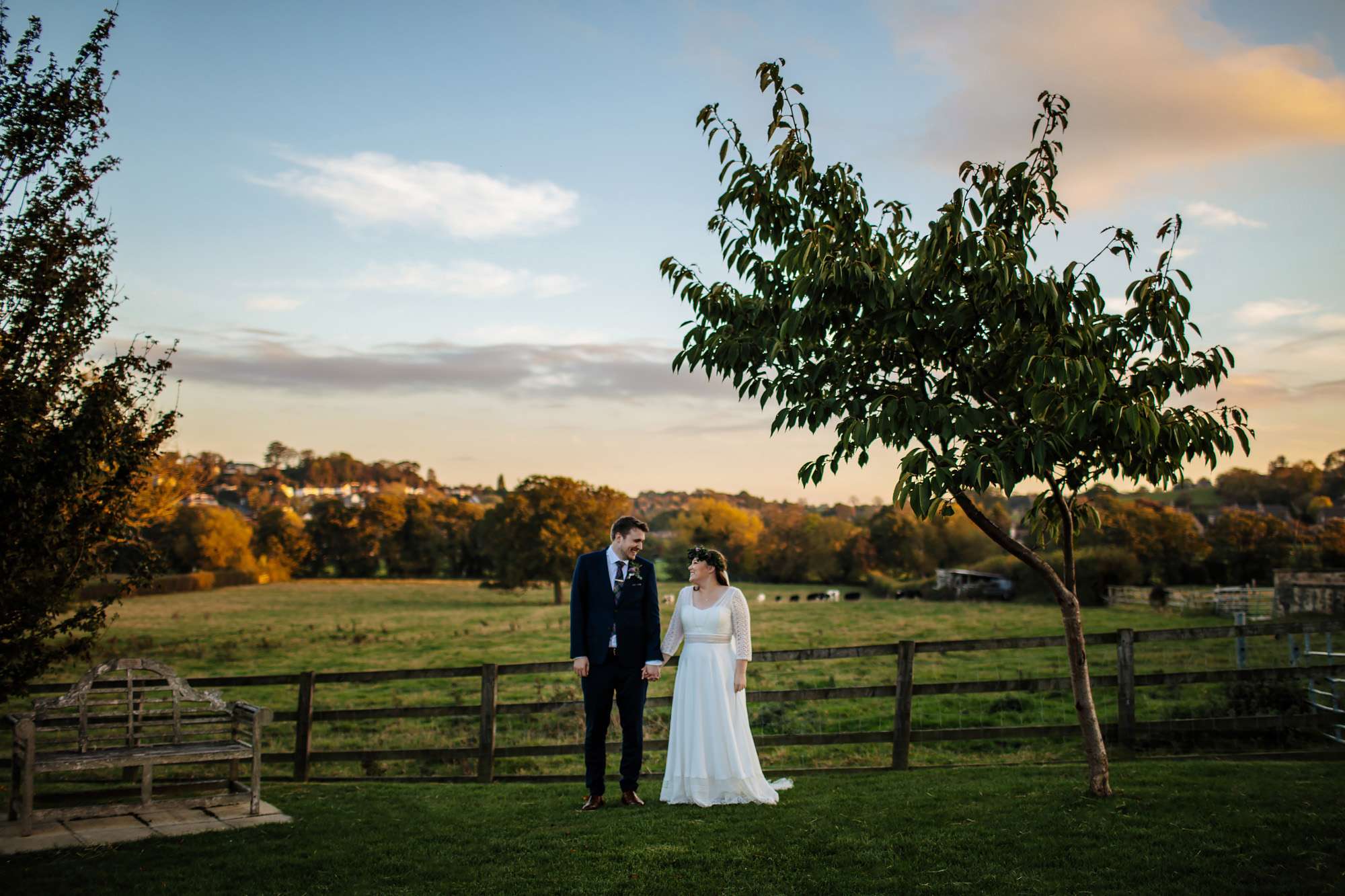 Sunset portrait of a bride and groom in Yorkshire