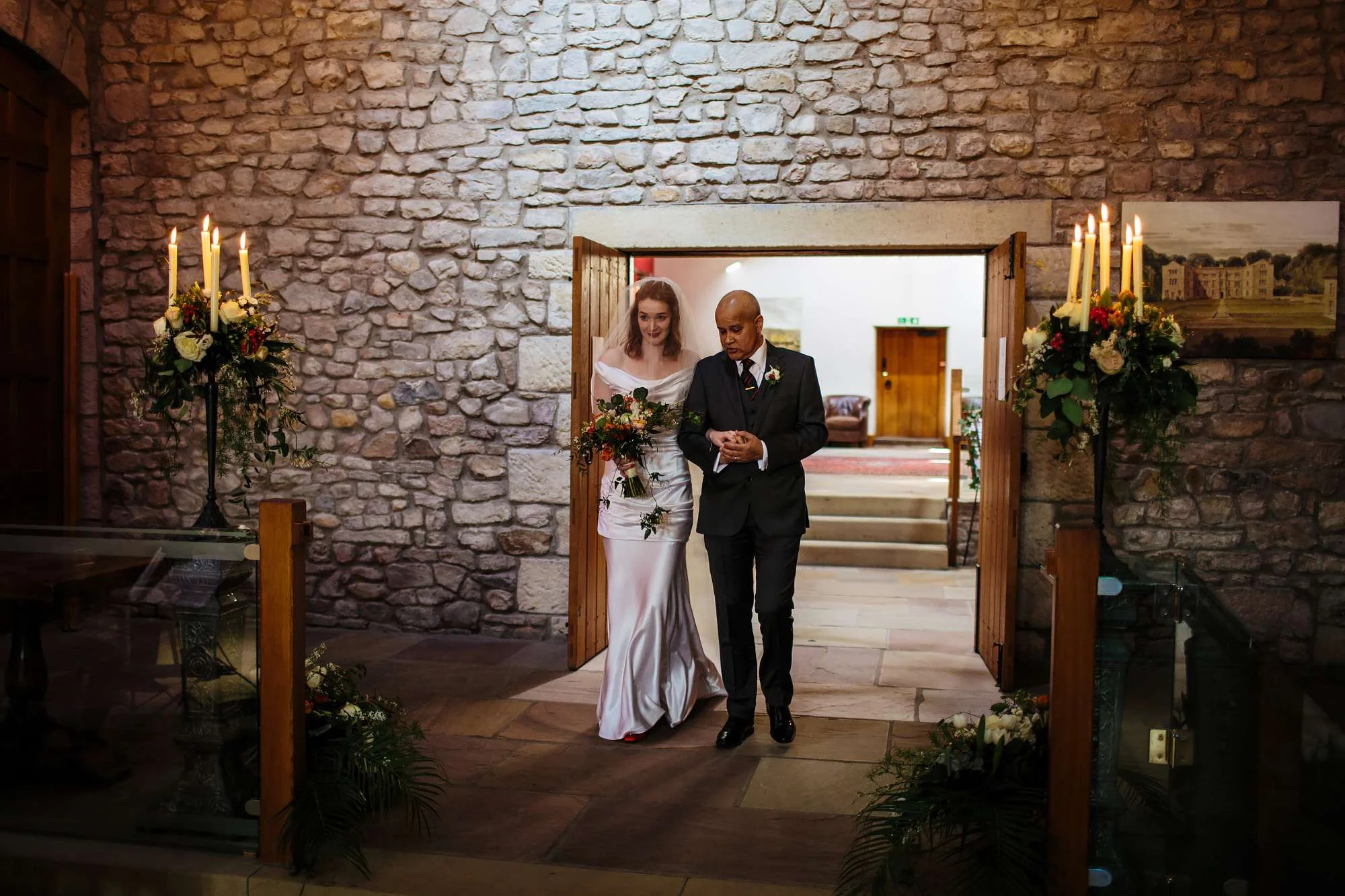 Bride and her father walk down the aisle at Browsholme Hall Wedding