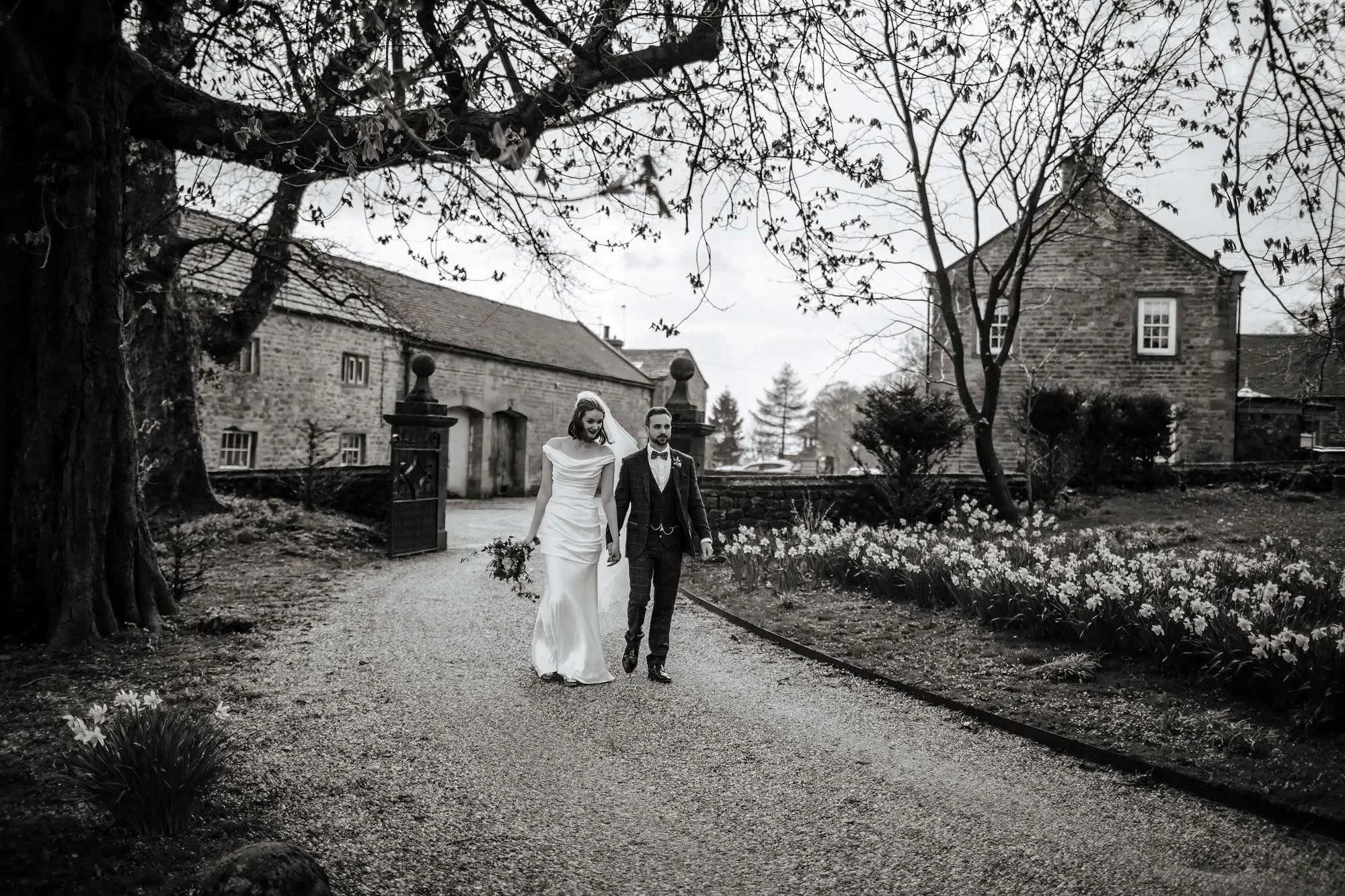 Black and white wedding portrait at Browsholme Hall
