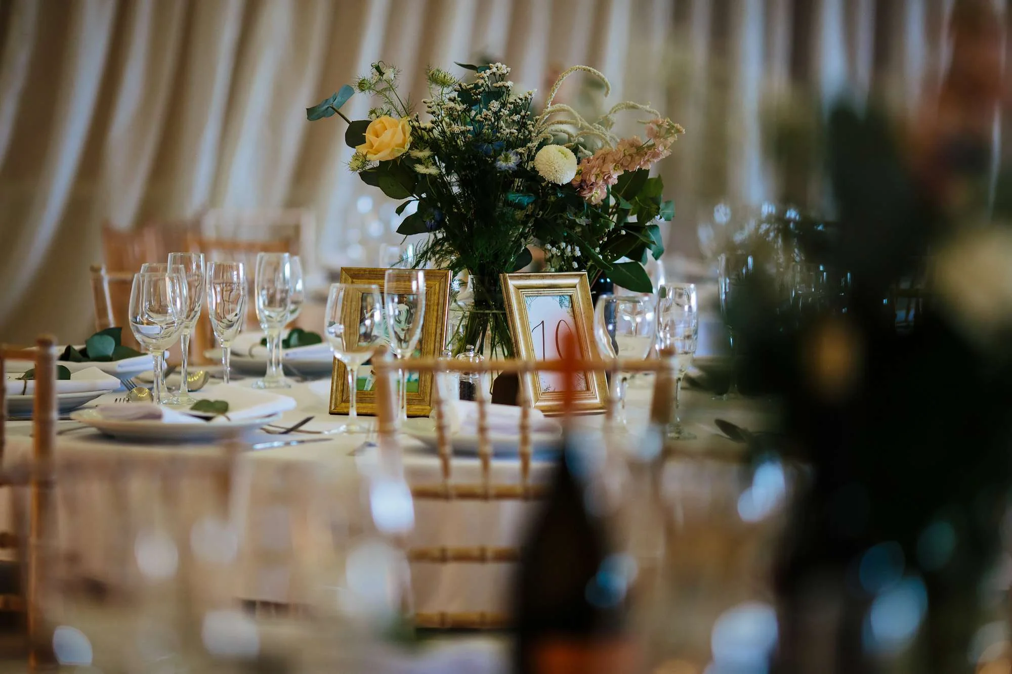 Flower centrepiece at East Keswick Village Hall wedding