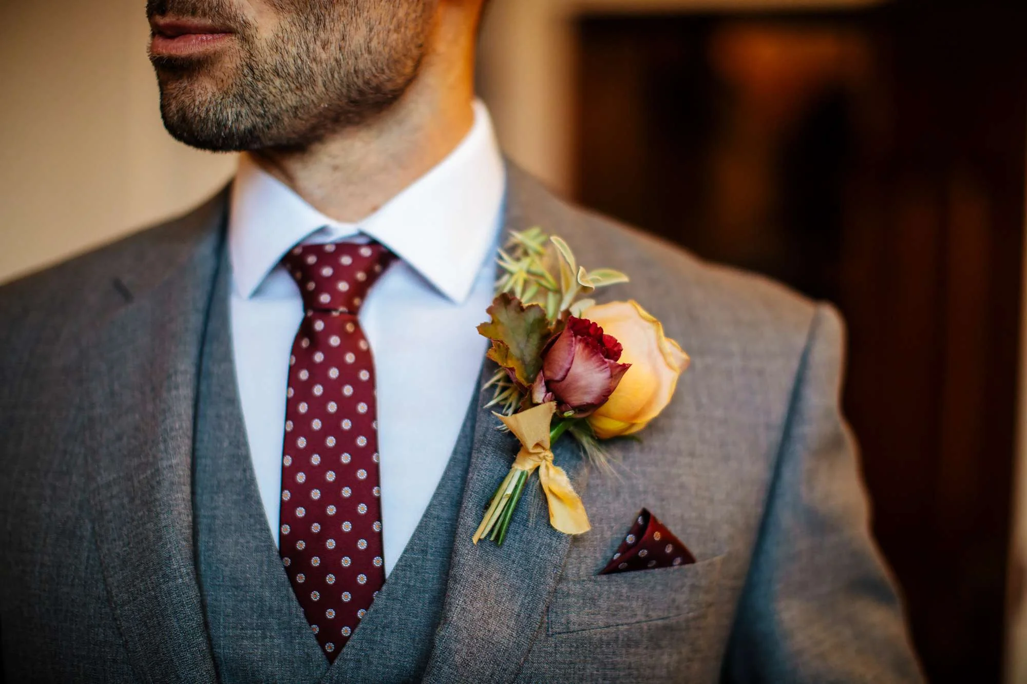 Grooms suit details on his wedding day