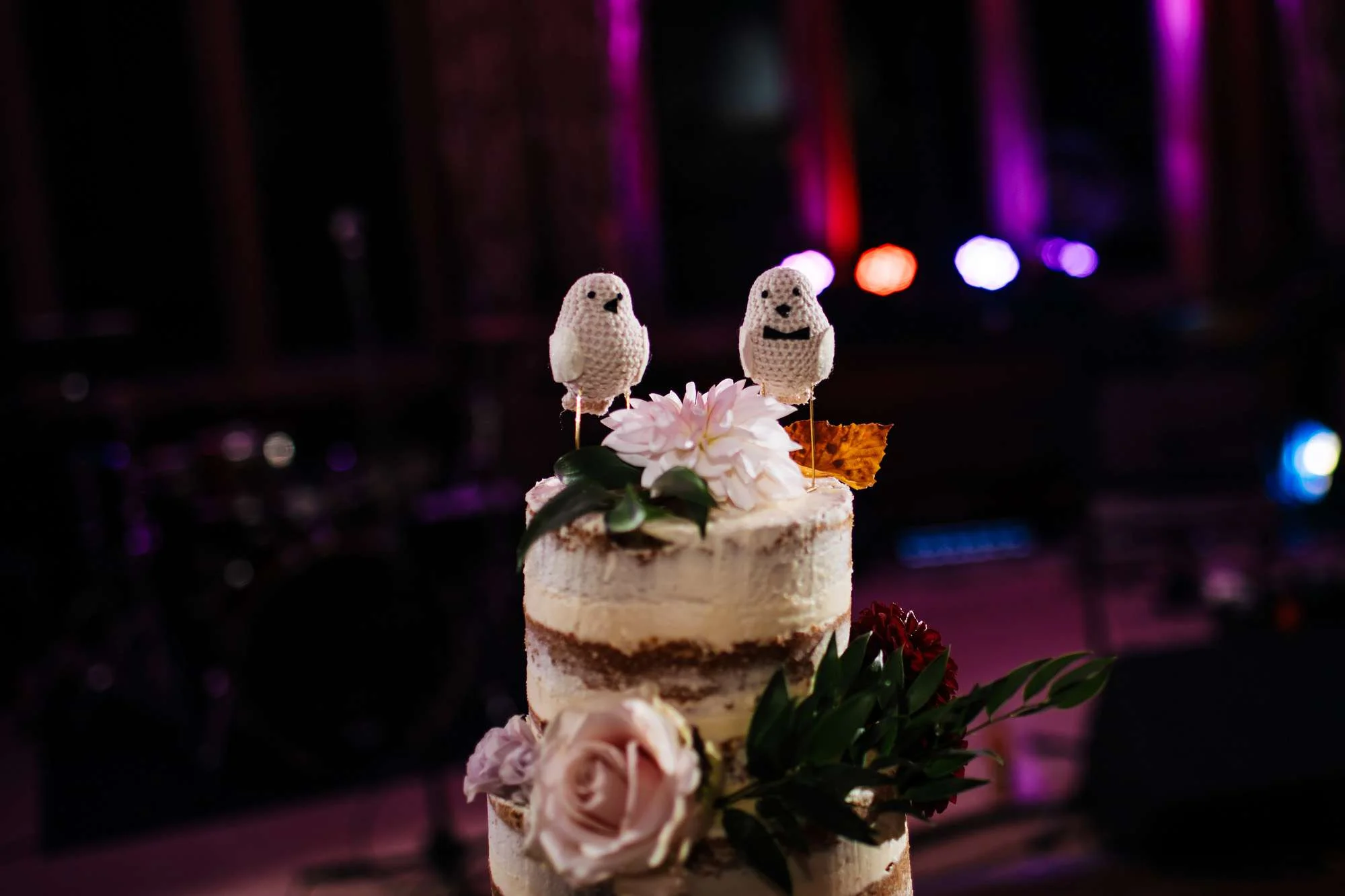 Close up of two knitted birds on a wedding cake