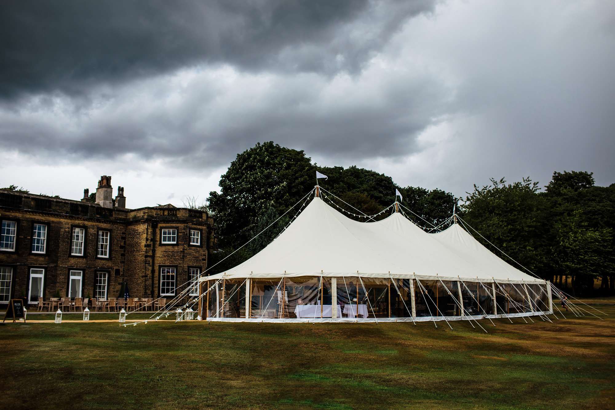 Wedding marquee standing outside Fixby Hall in Huddersfield