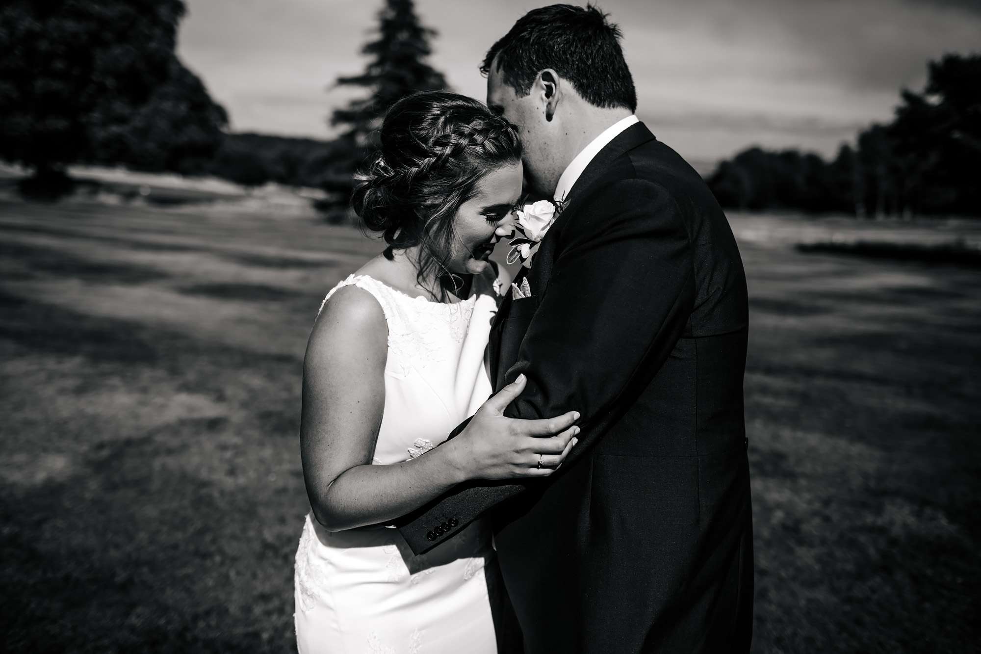 Black and white portrait of a bride and groom at Fixby Hall