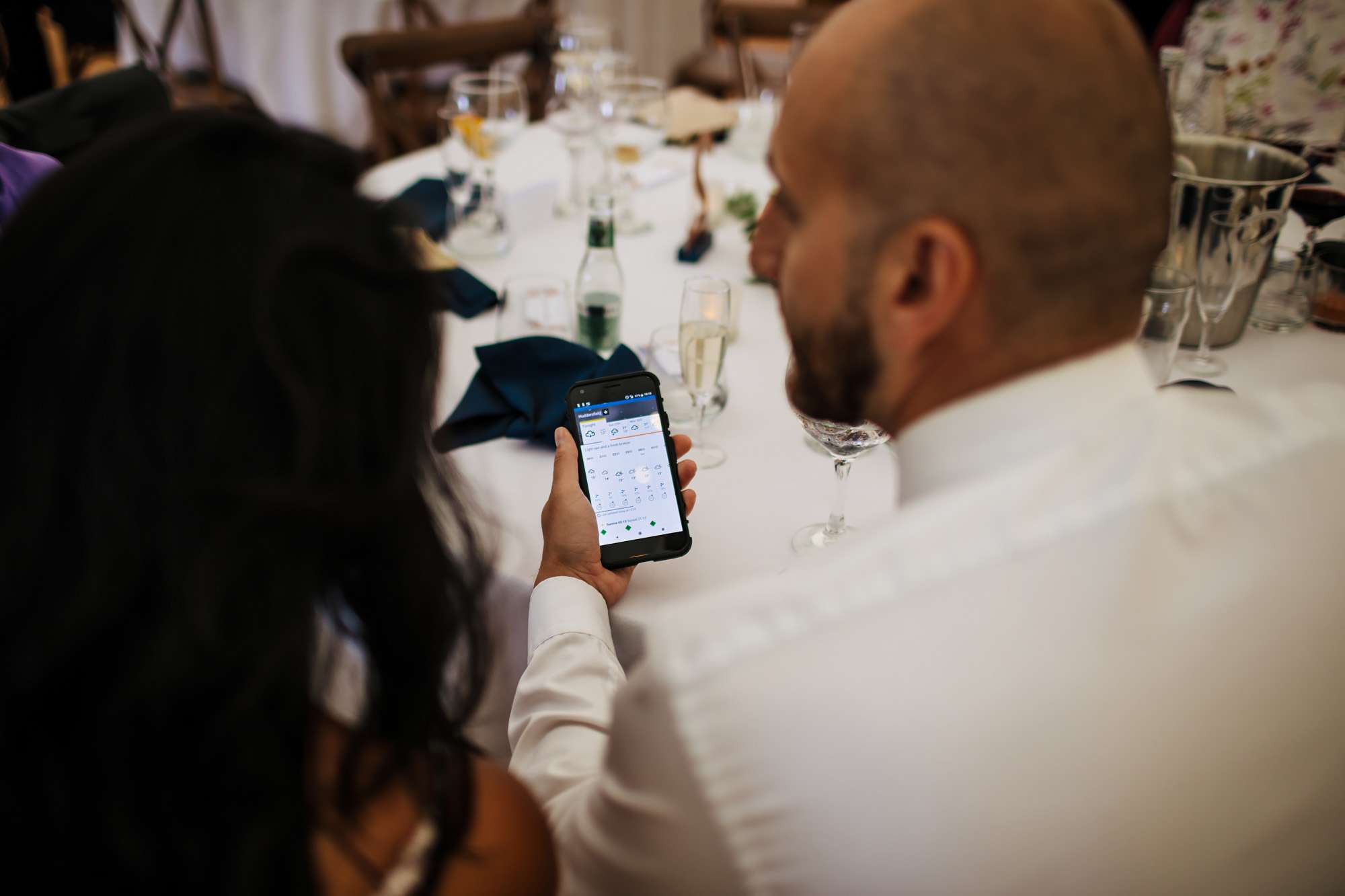 Wedding guests checking the weather forecast on a phone