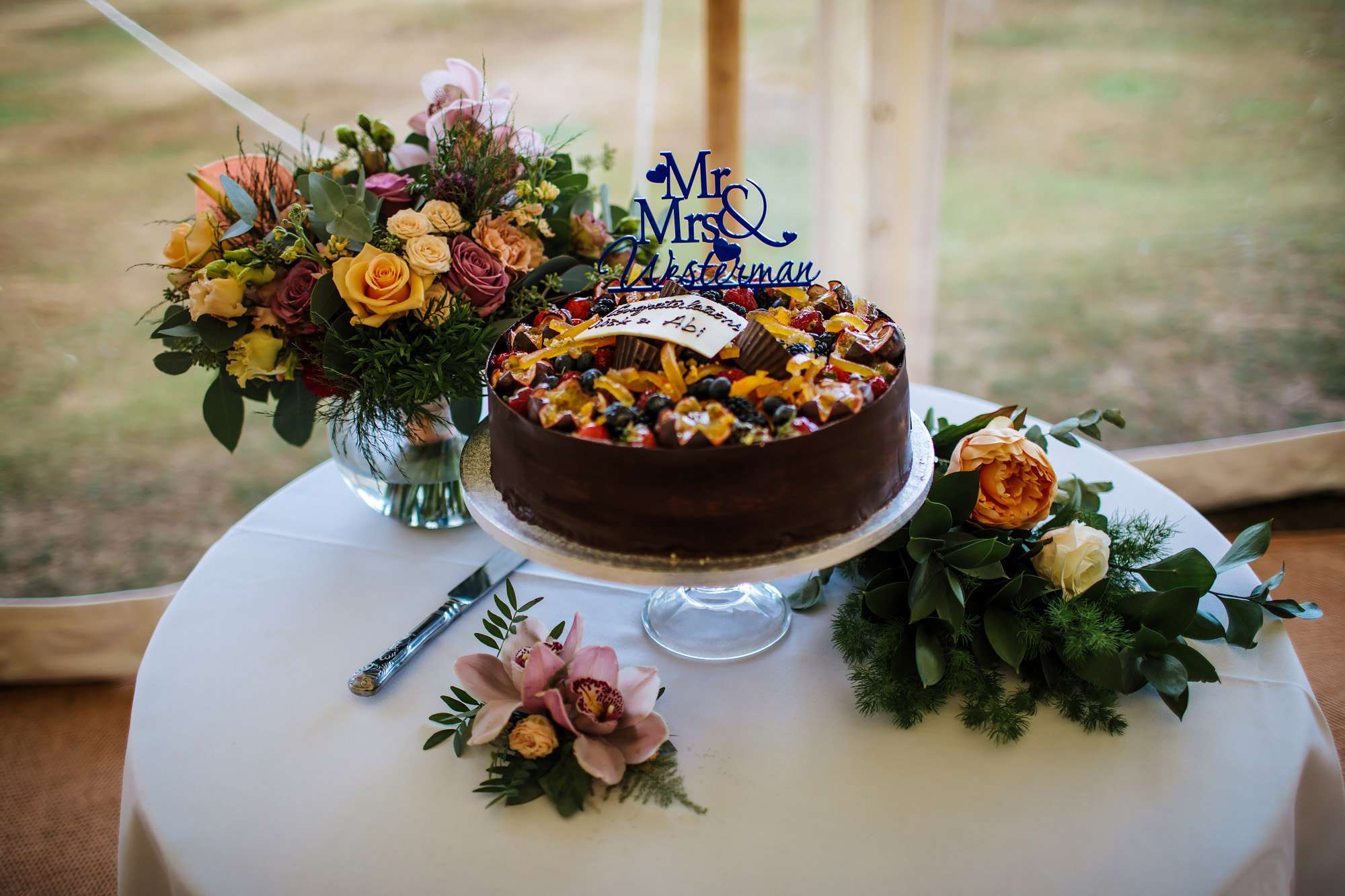 A colourful wedding cake at Fixby Hall