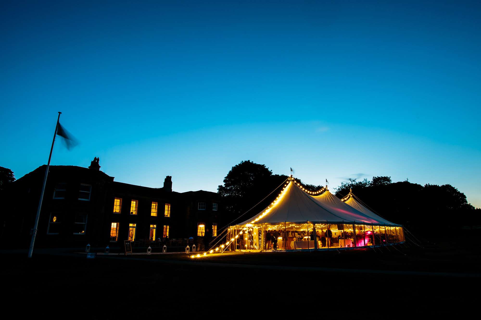 Night time shot of the marquee wedding at Fixby Hall Yorkshire