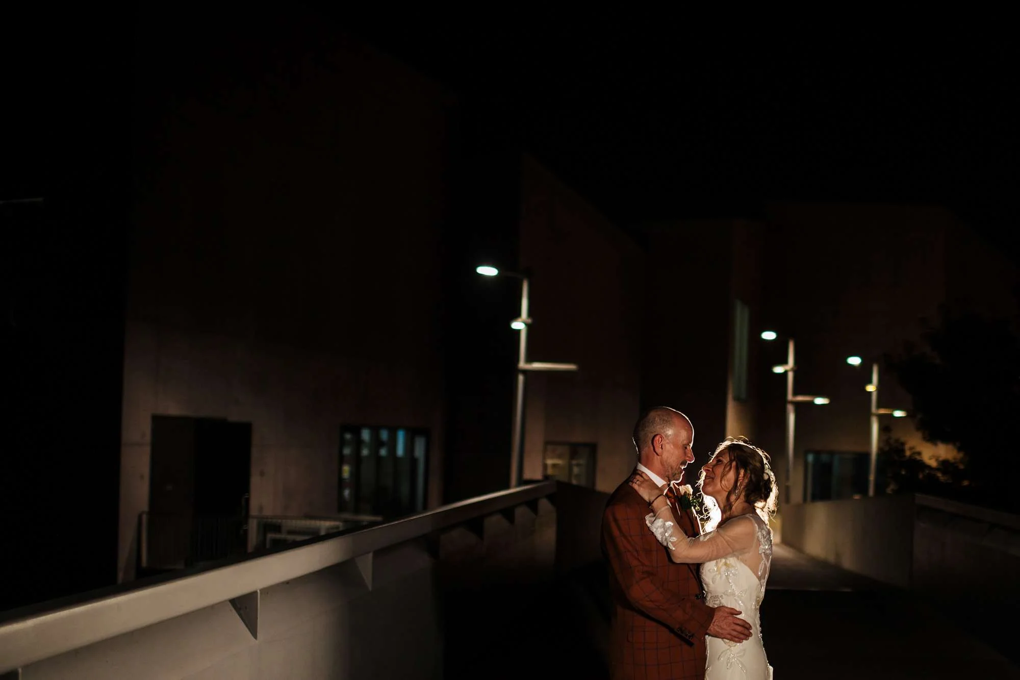 Bride and groom evening portrait at Hepworth Art Gallery