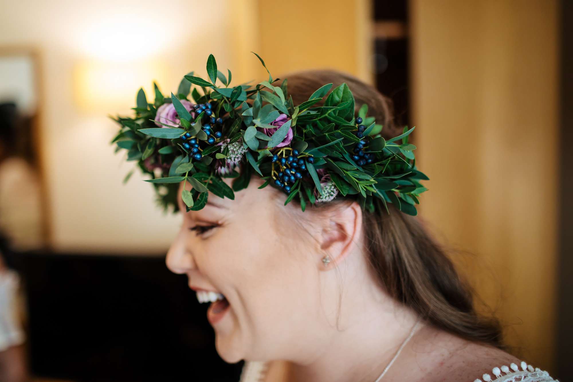 Bride's beautiful flower crown on her wedding day