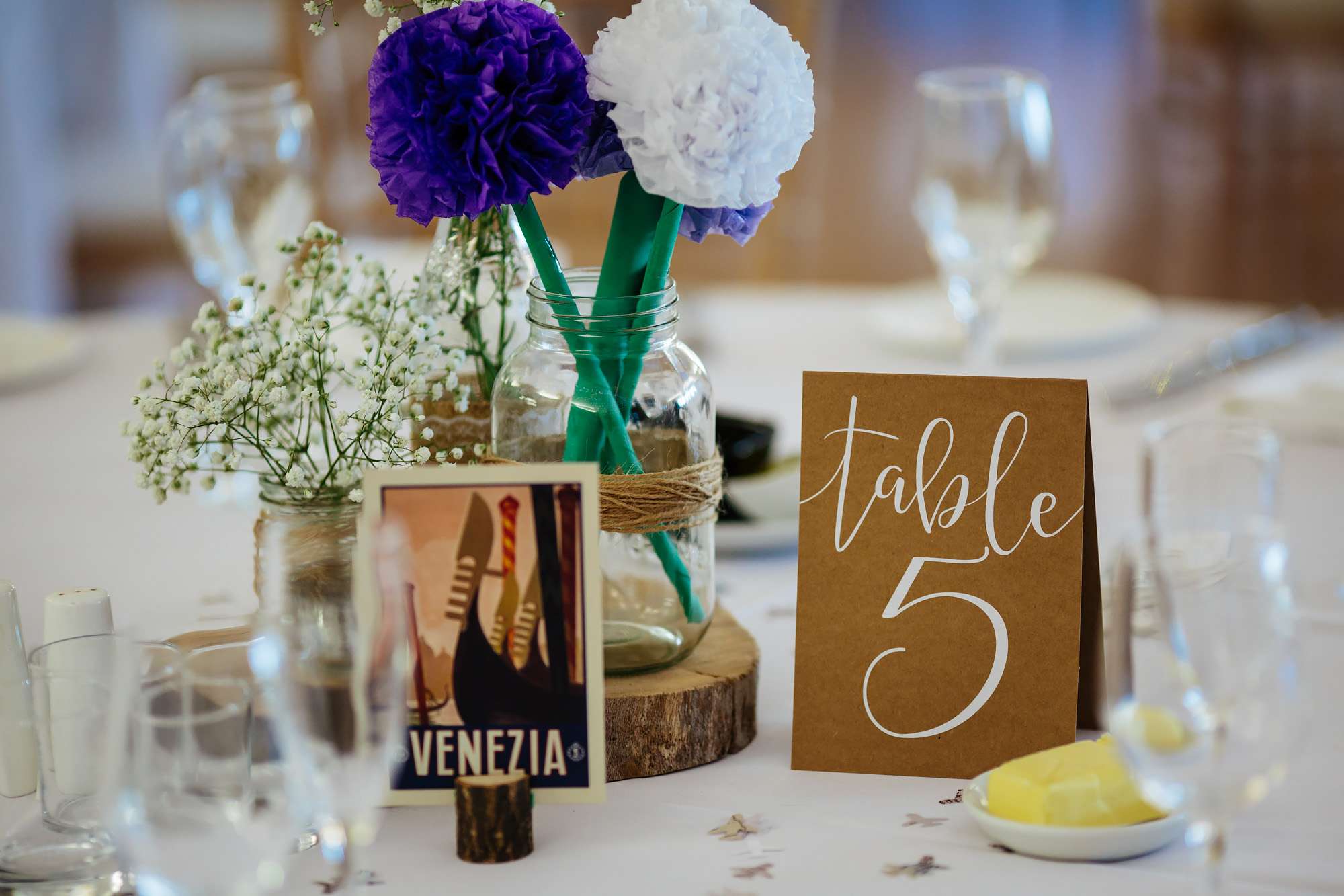 Table decorations at a wedding in Leeds