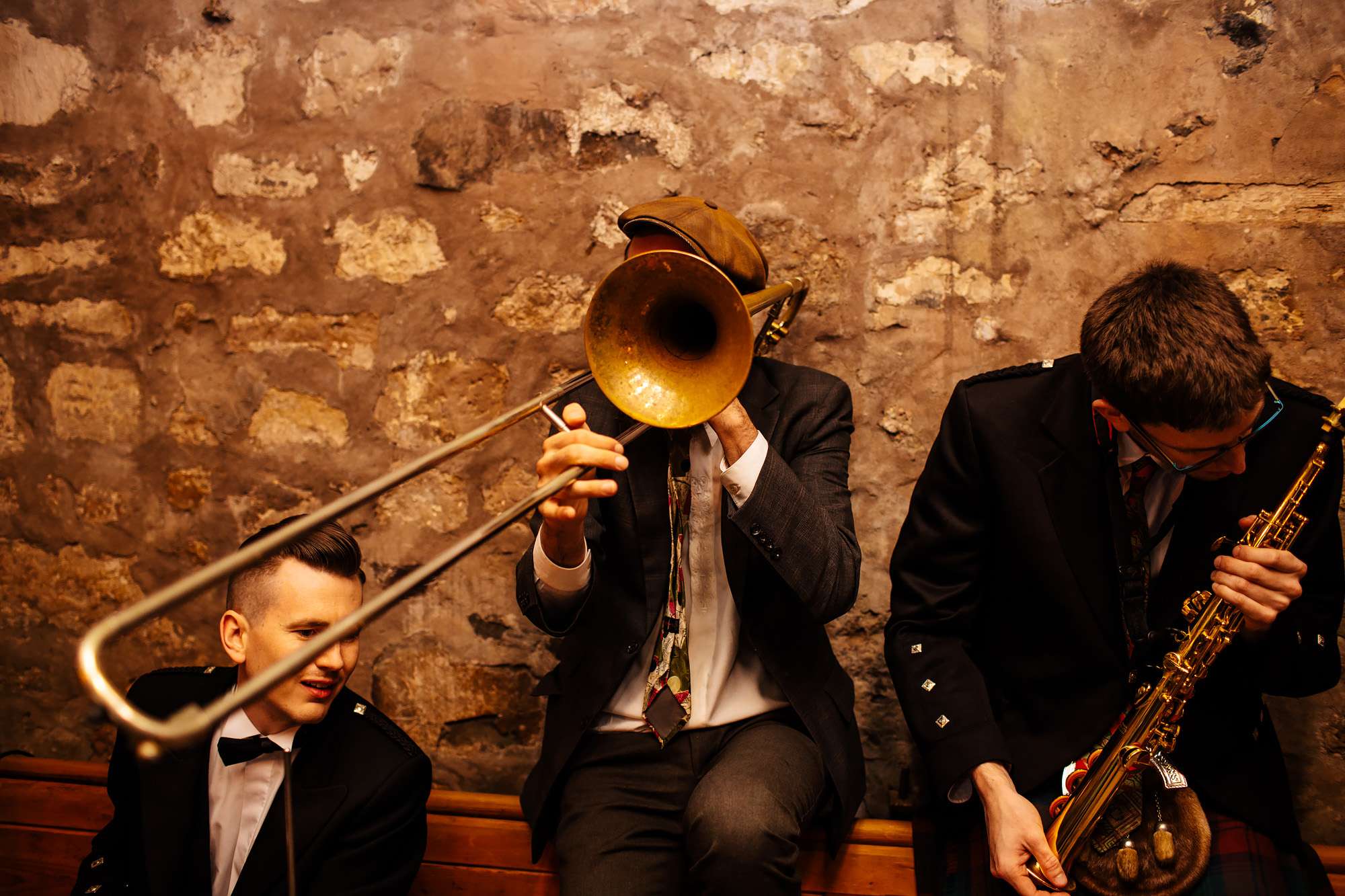 Trombone player at a wedding in Fife