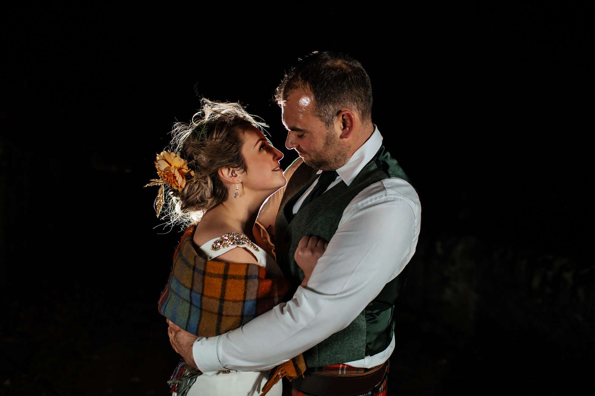 Night time shot of the bride and groom in Scotland