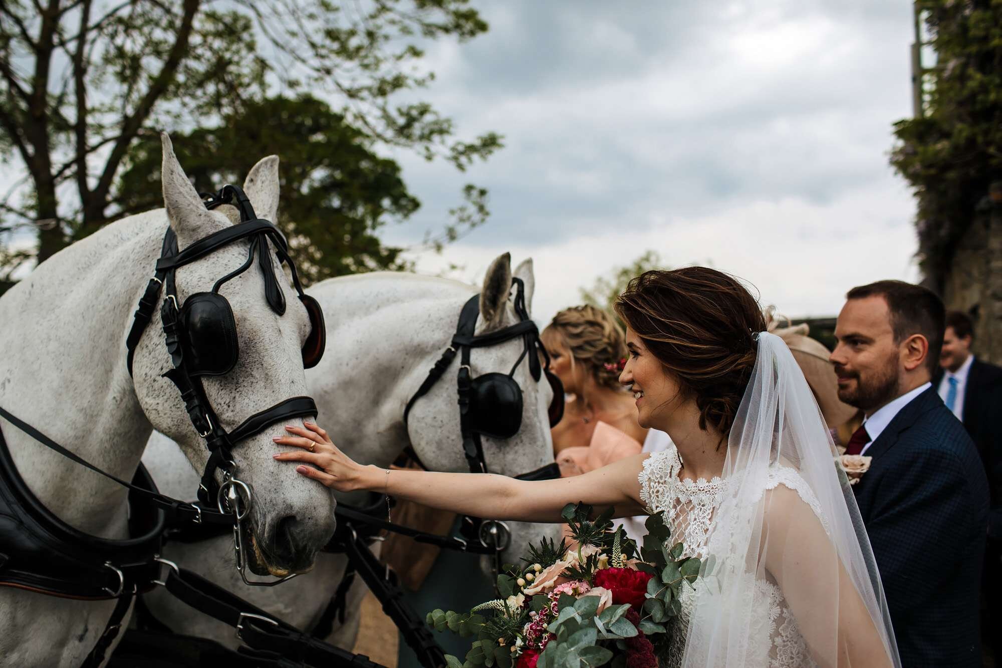 Bride strokes horses on her wedding day