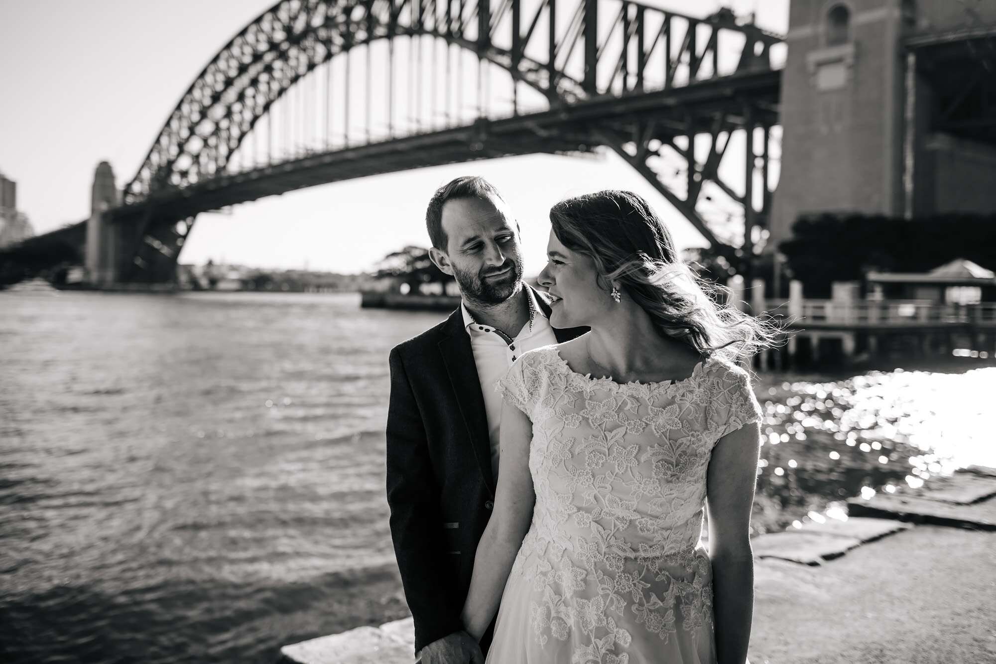 Bride and groom under the Sydney Harbour Bridge