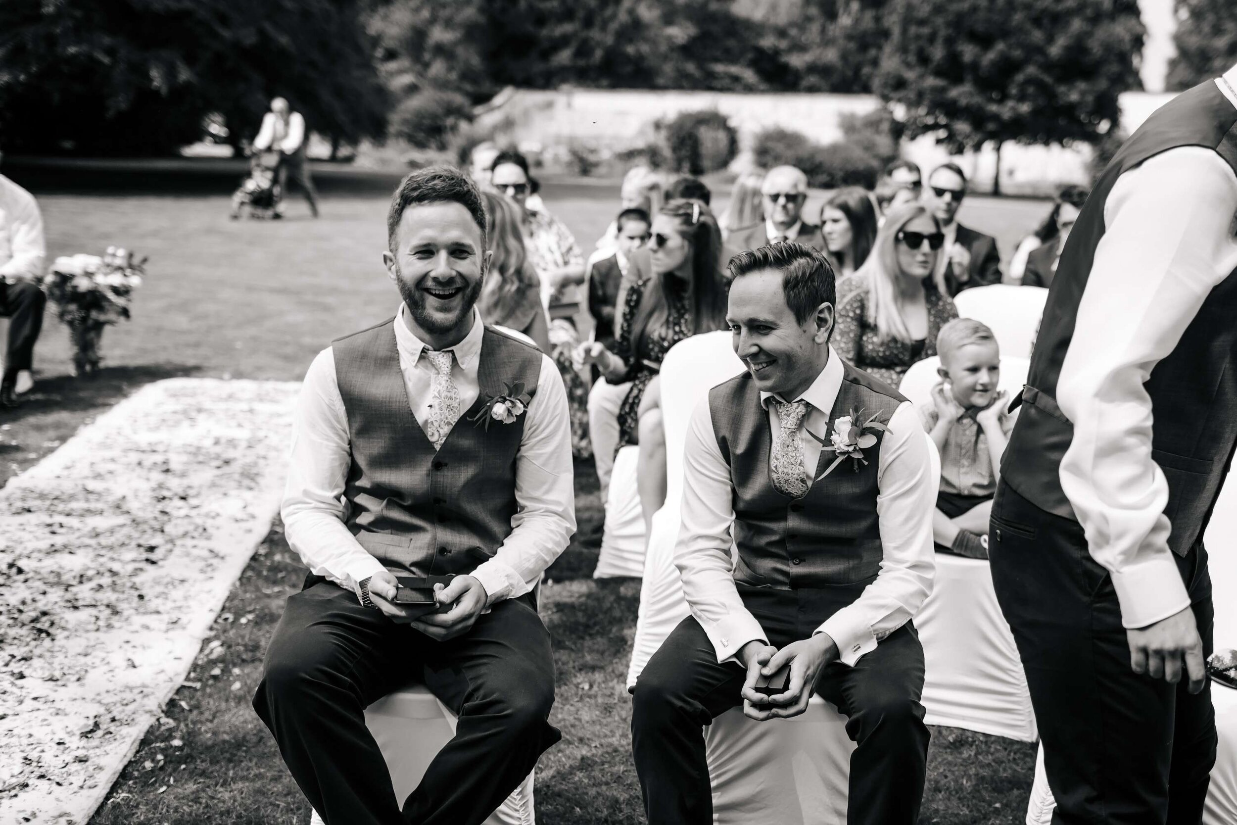 Groomsmen await the arrival of the bride at a Solberge Hall wedding