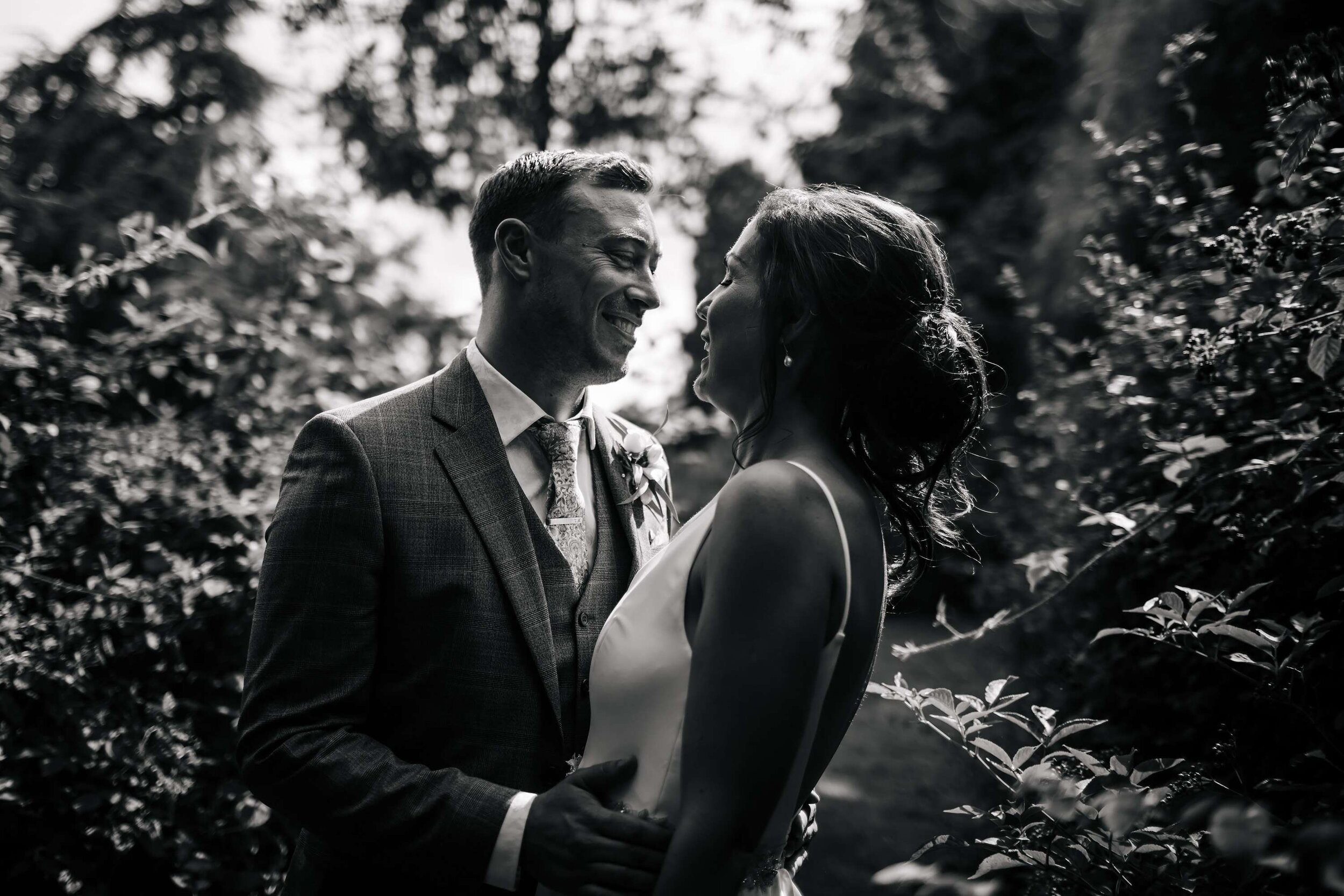 Black and white portrait of a couple at their Yorkshire wedding