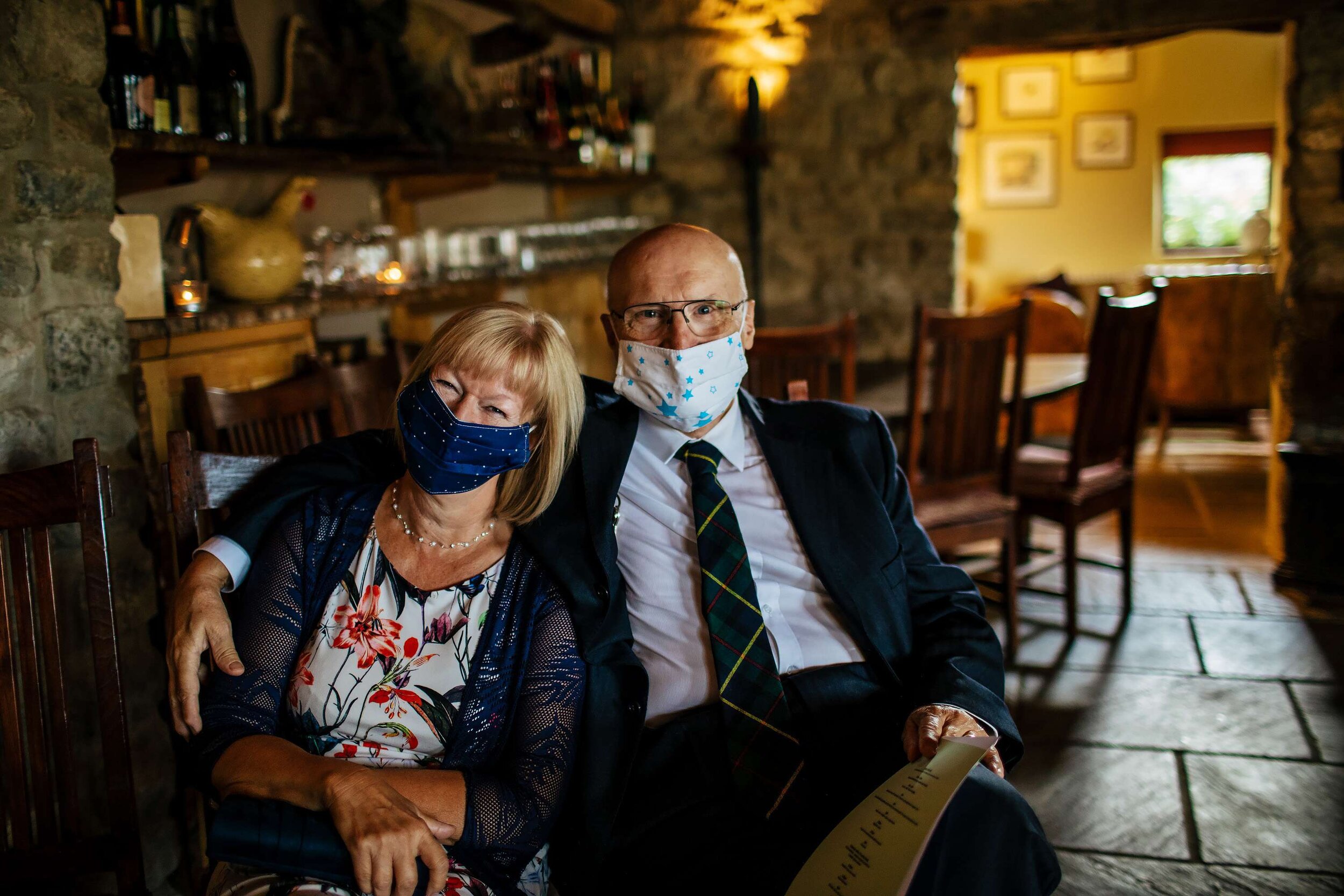 Grooms parents in face masks at a Yorkshire wedding