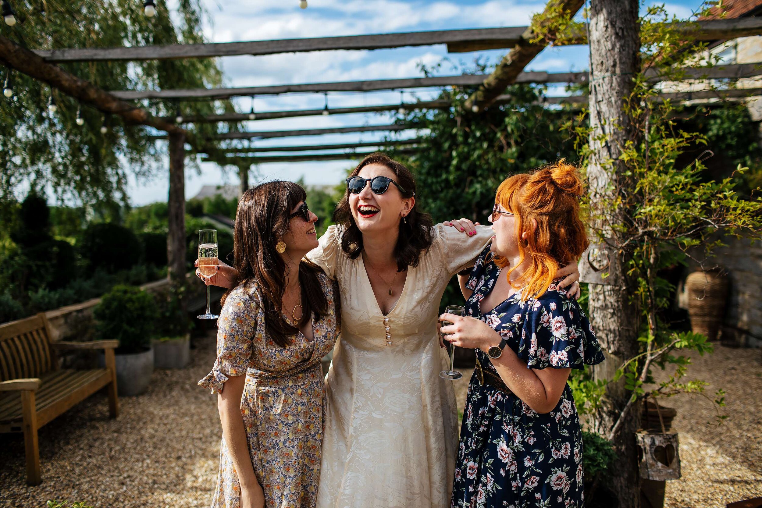 Wedding guests laughing in North Yorkshire