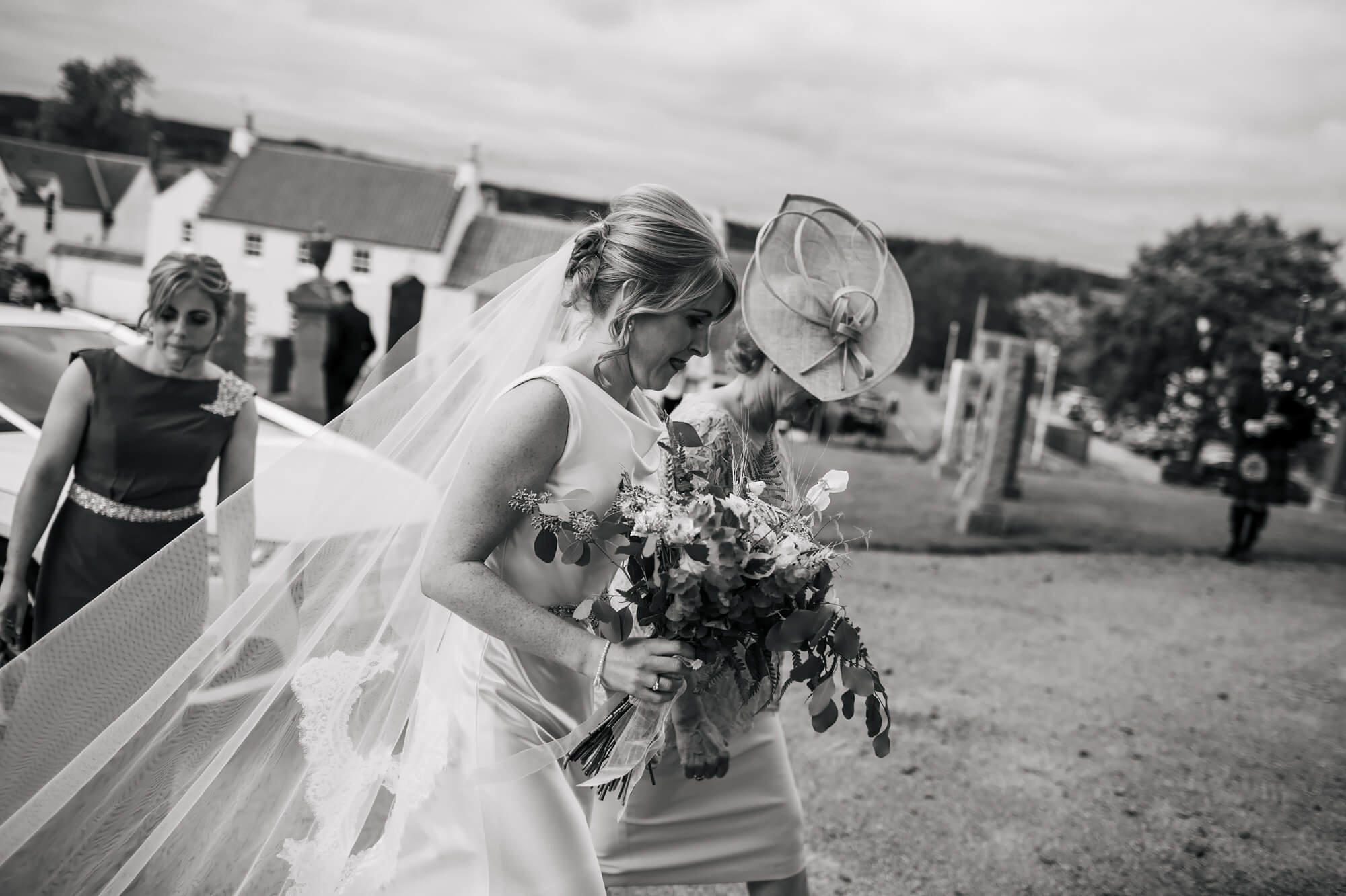 Black and white photo of the bride