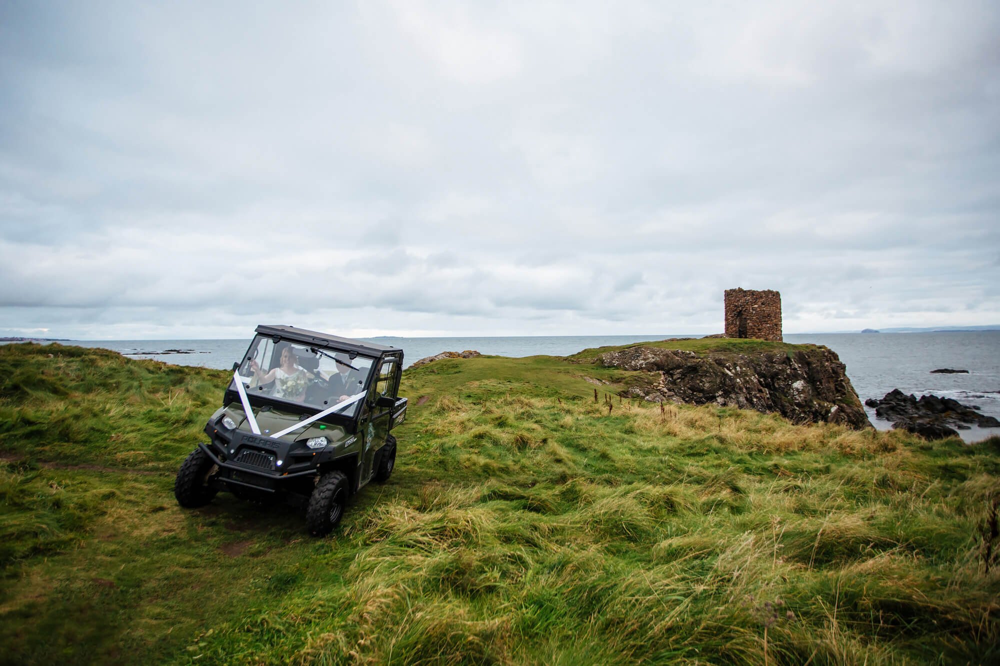 Scottish farm wedding off road vehicle