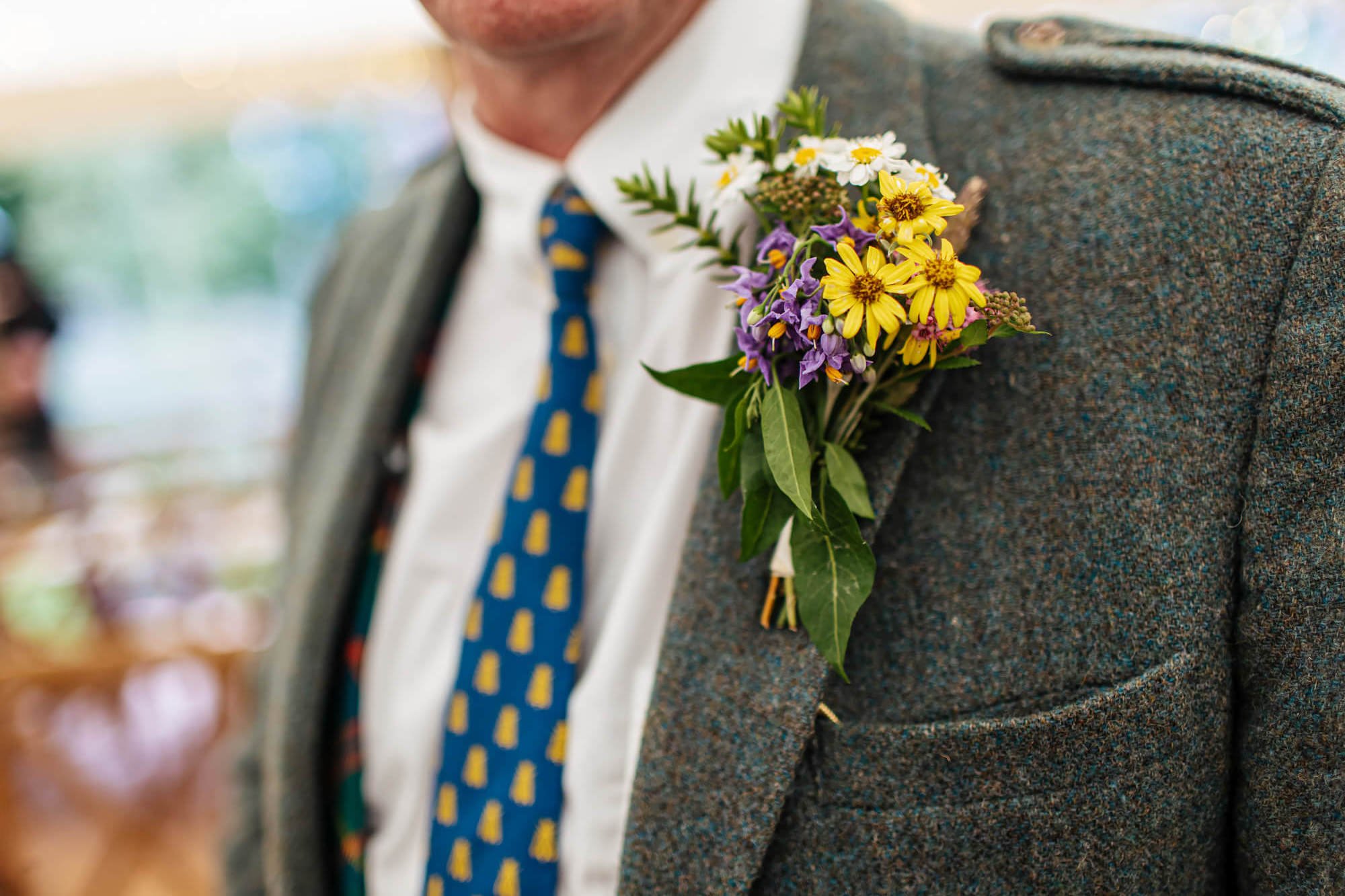 A close up of the buttonhole at a Yorkshire wedding