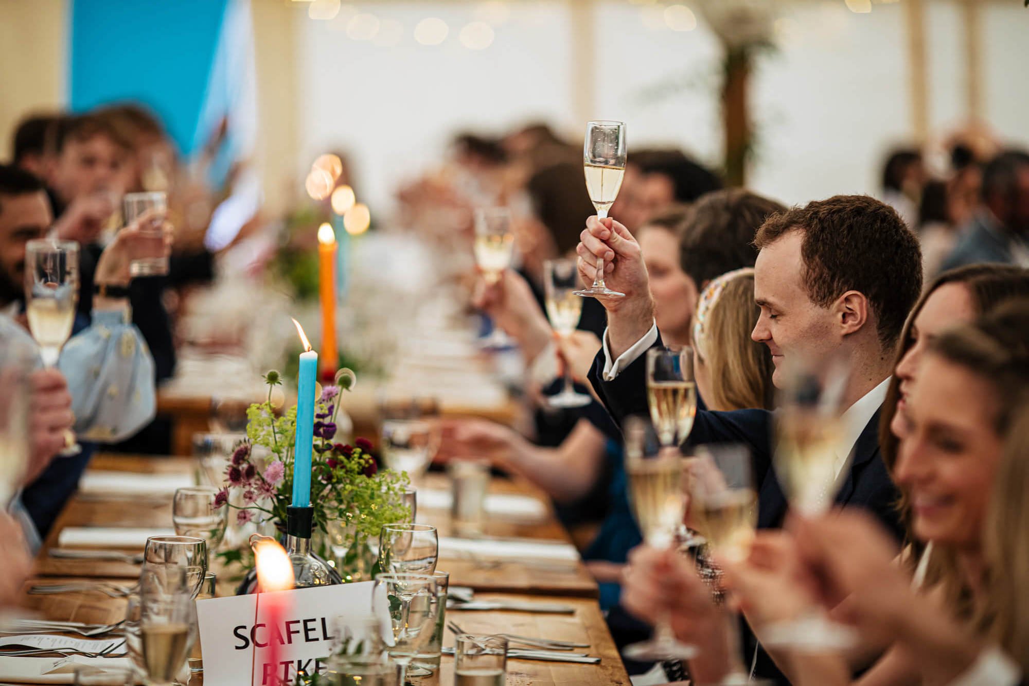 Toasting the speeches at a Yorkshire wedding