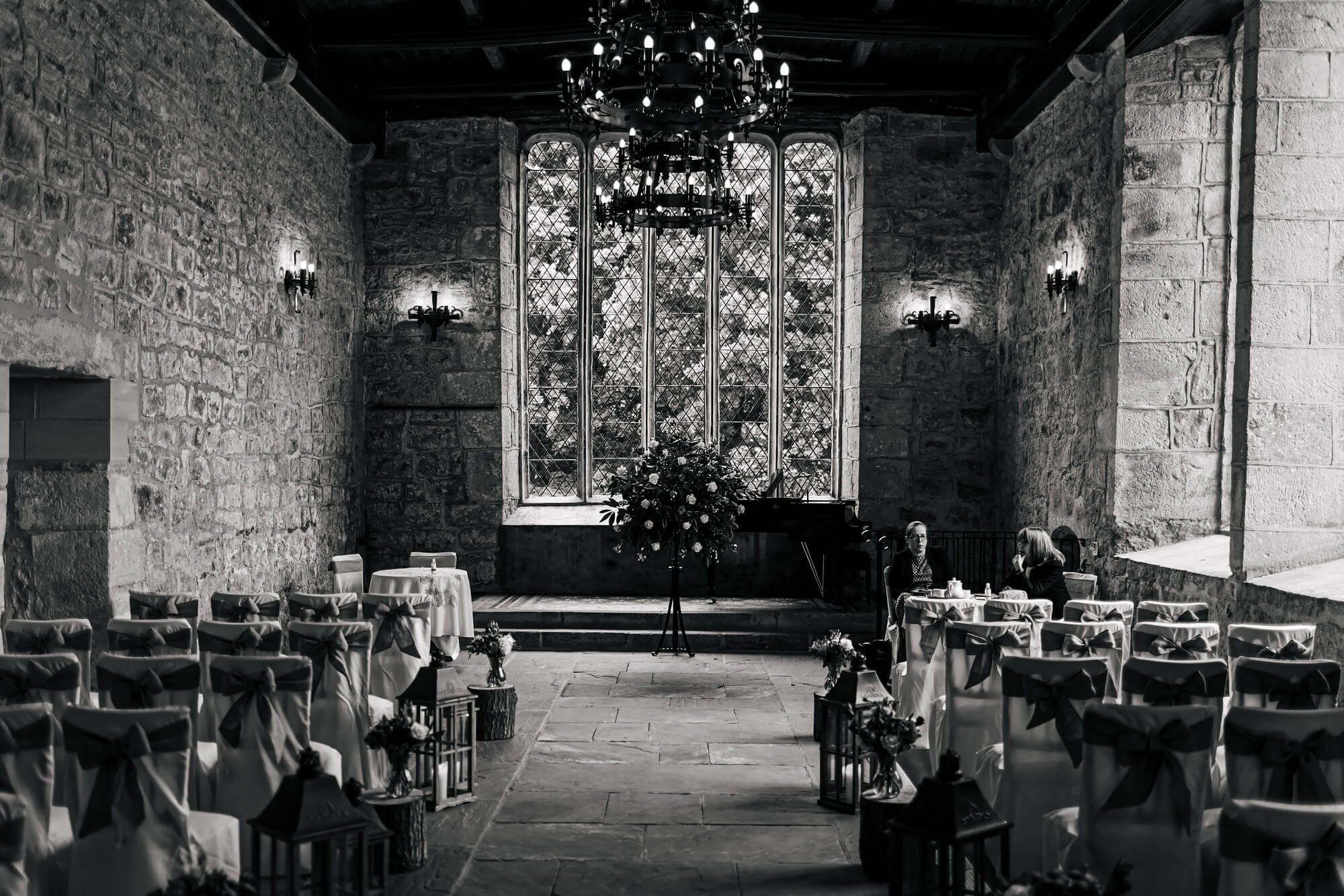 Black and white photo of the wedding ceremony setup 
