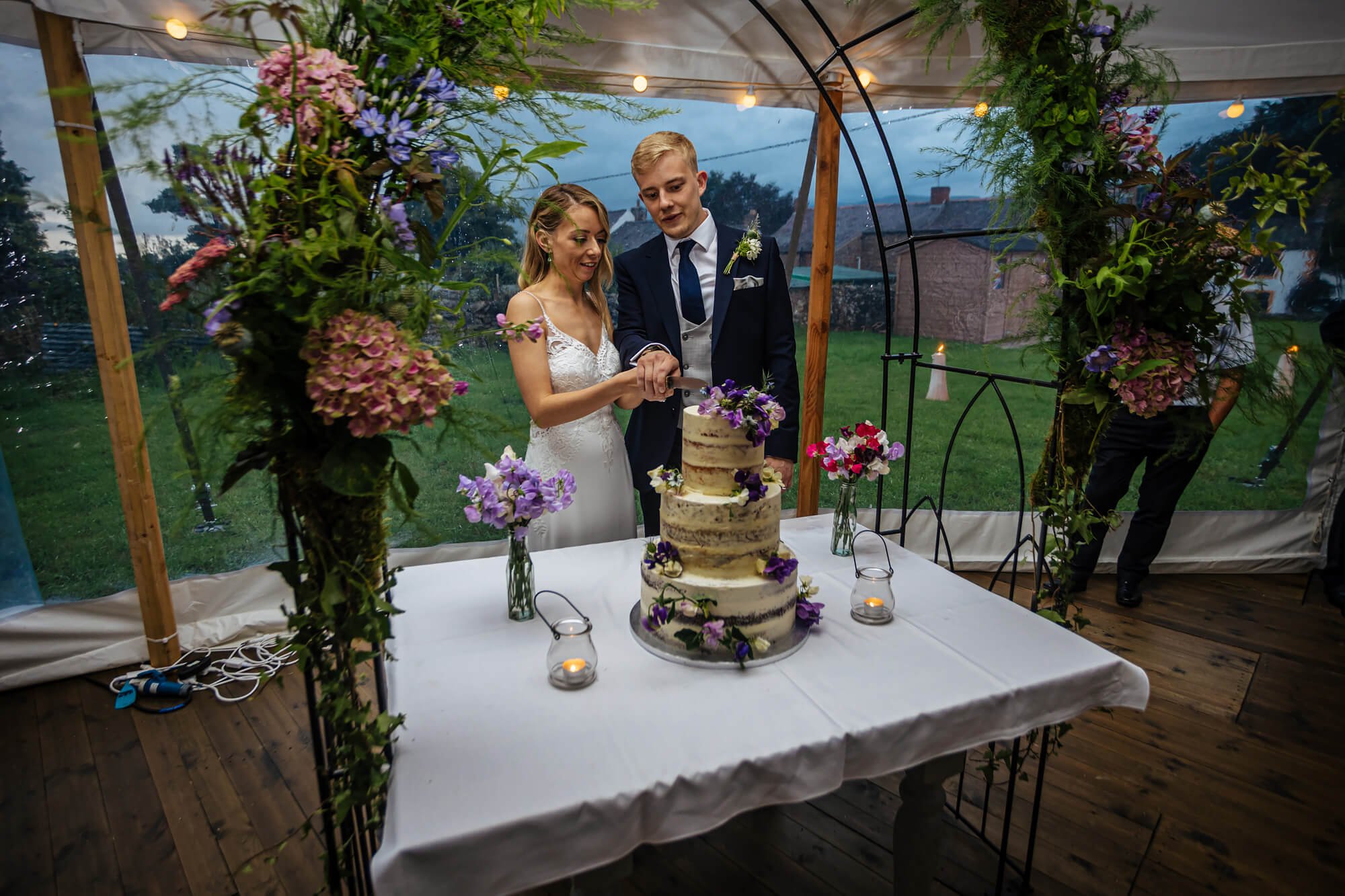 Cutting the cake at a wedding