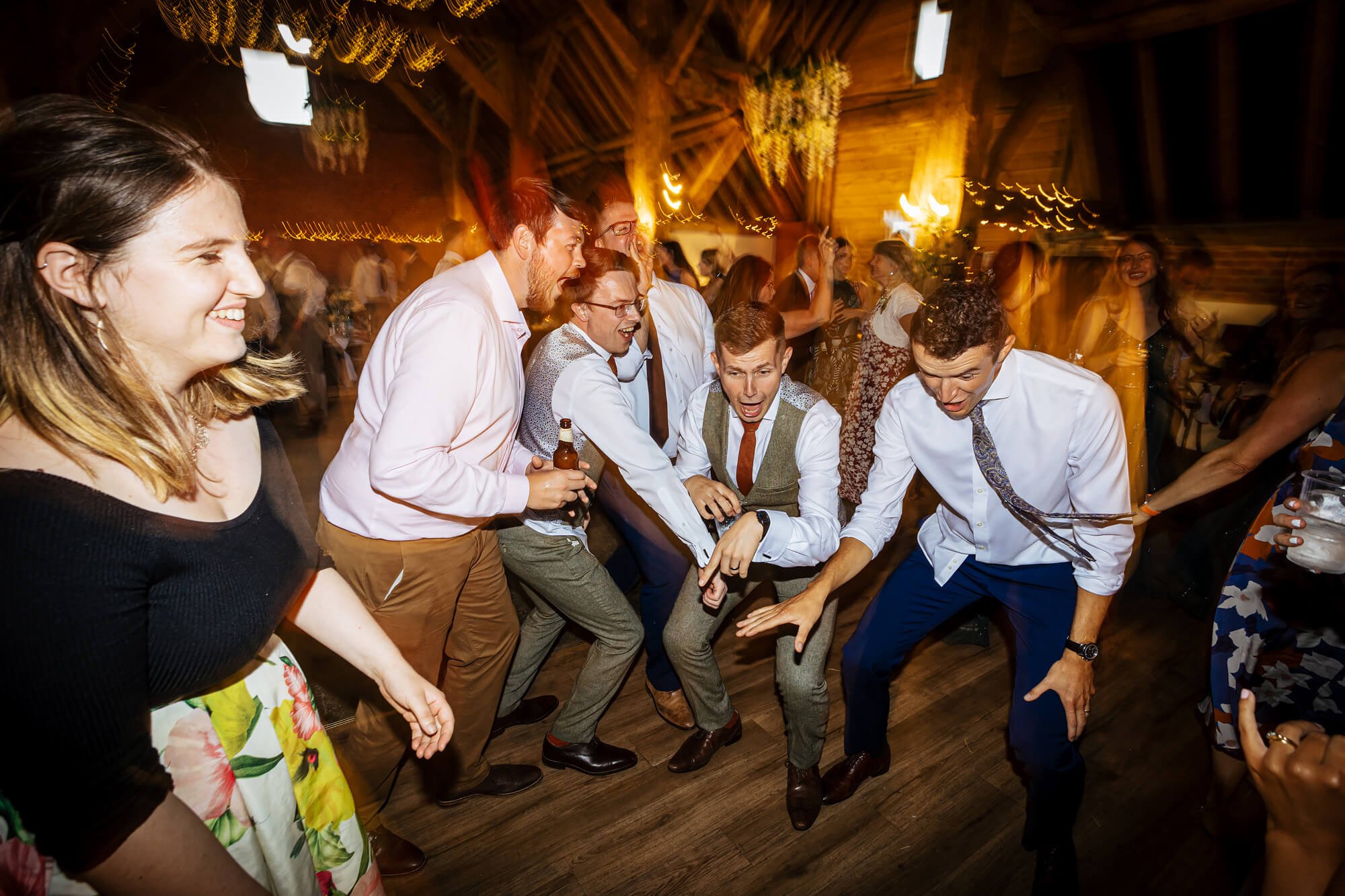 Wedding guests being silly on the dance floor
