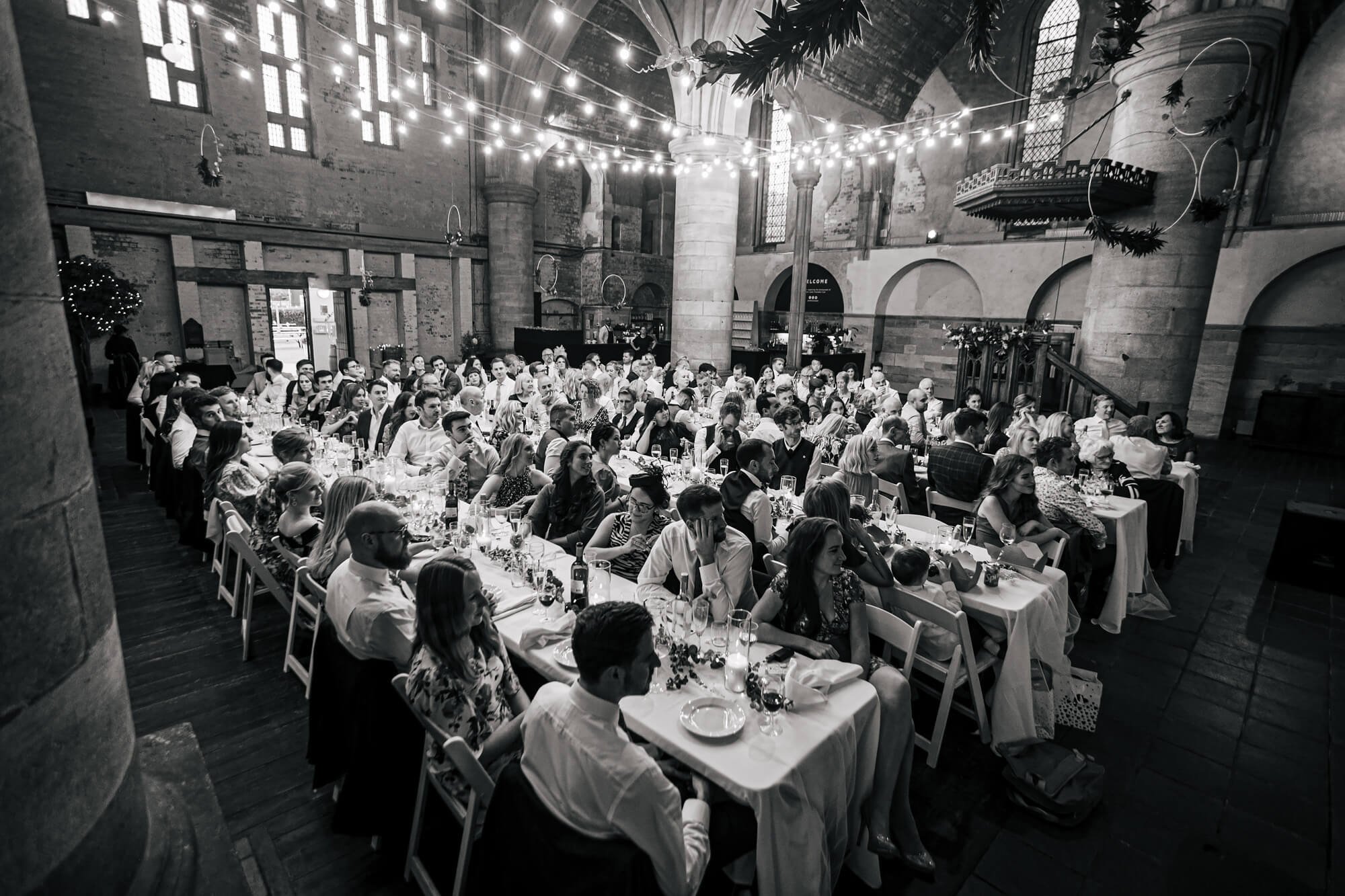 Black and white photo of the wedding guests