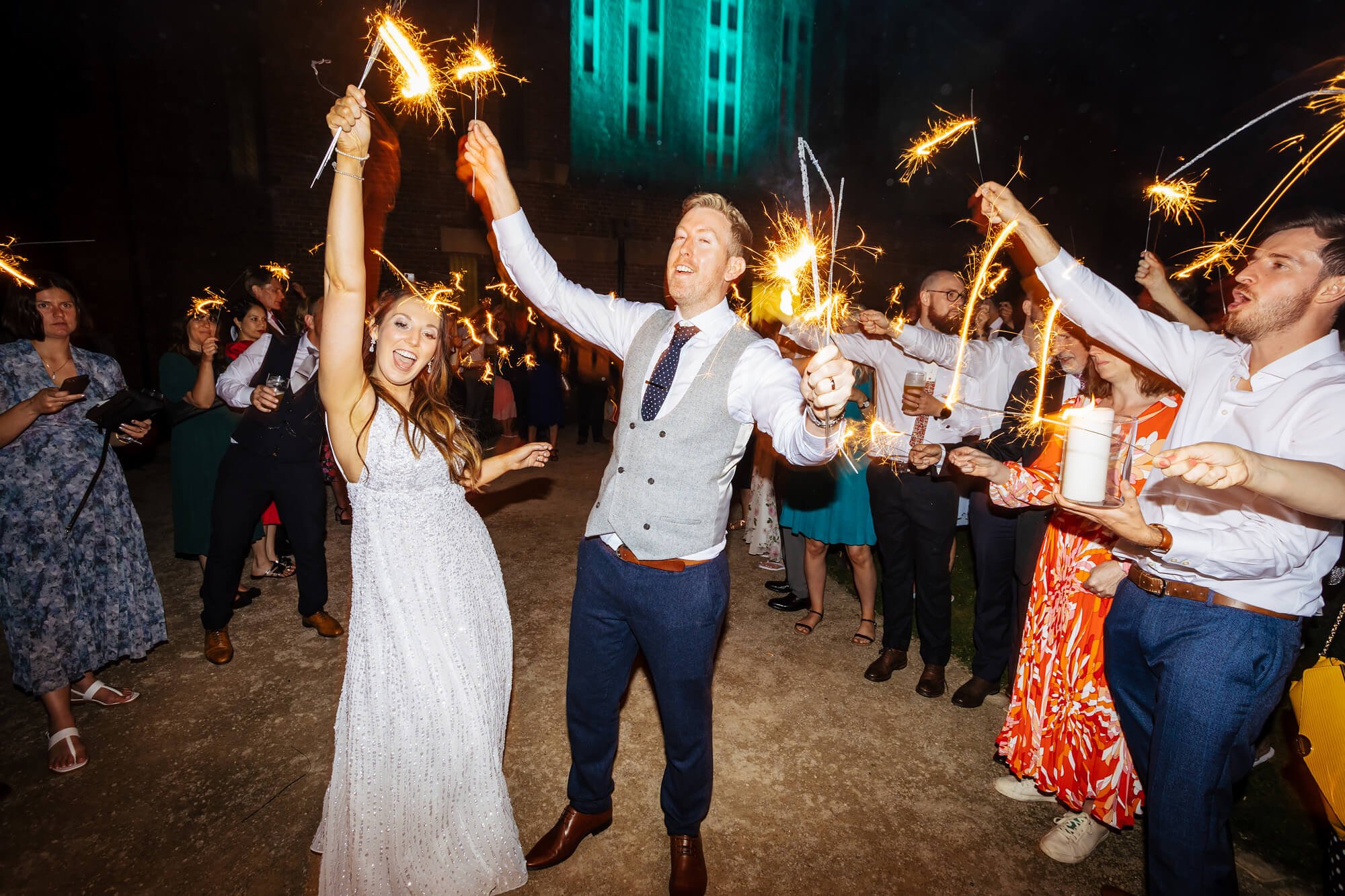 Celebrating a wedding with sparklers