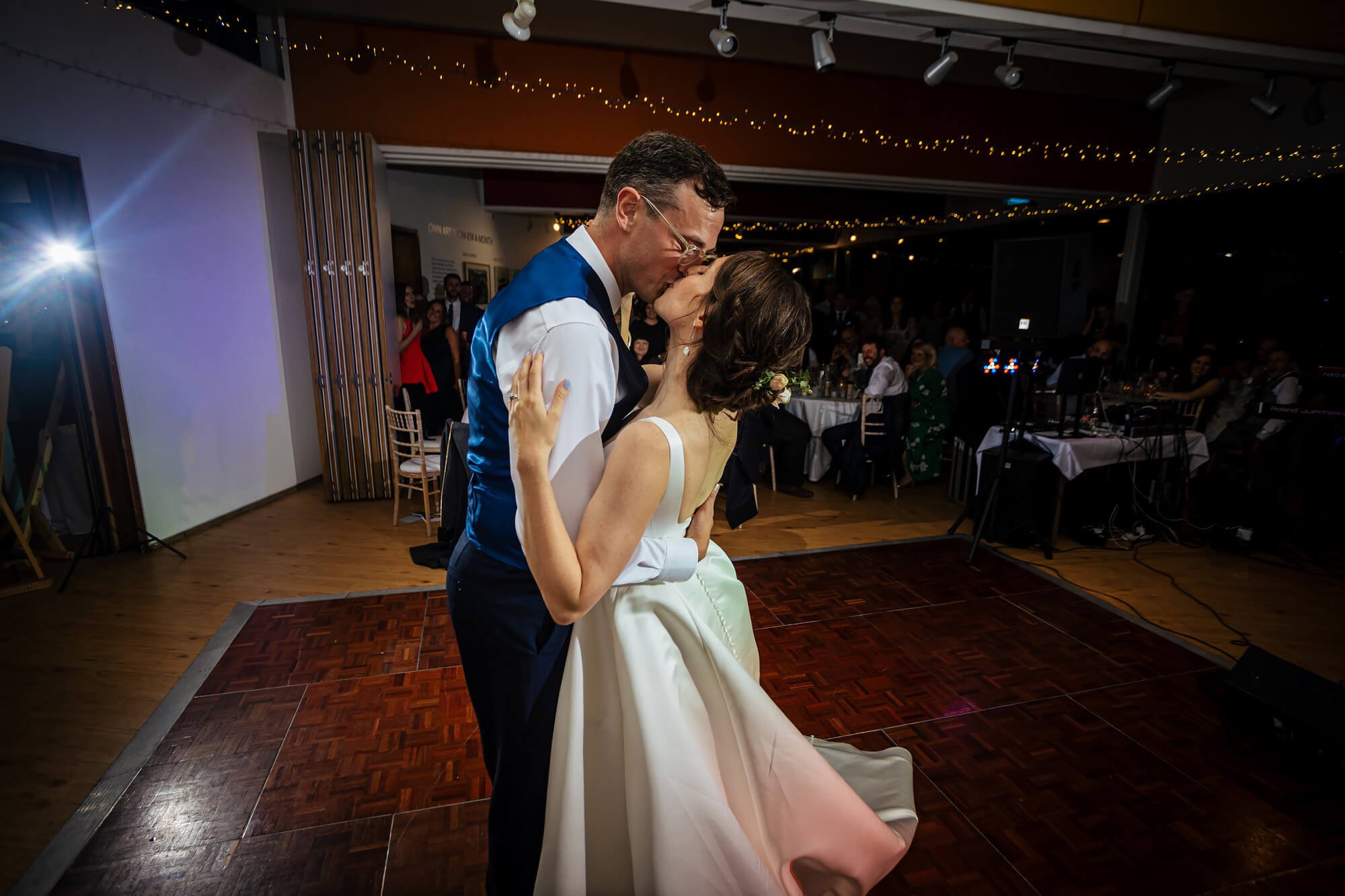 A kiss on the dance floor at a Yorkshire wedding